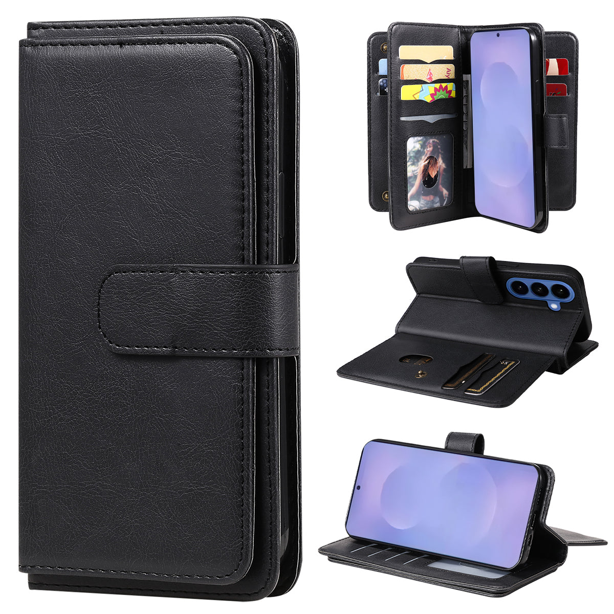 For-Samsung-Galaxy-S26-/-S26-Pro-Leather-Case-with-10-Card-Holder-Phone-Cover-Stand-Black