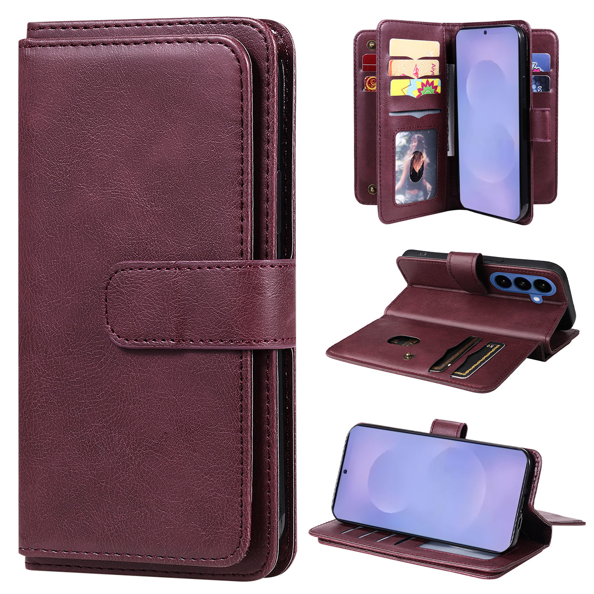 For-Samsung-Galaxy-S26-/-S26-Pro-Leather-Case-with-10-Card-Holder-Phone-Cover-Stand-Wine-Red
