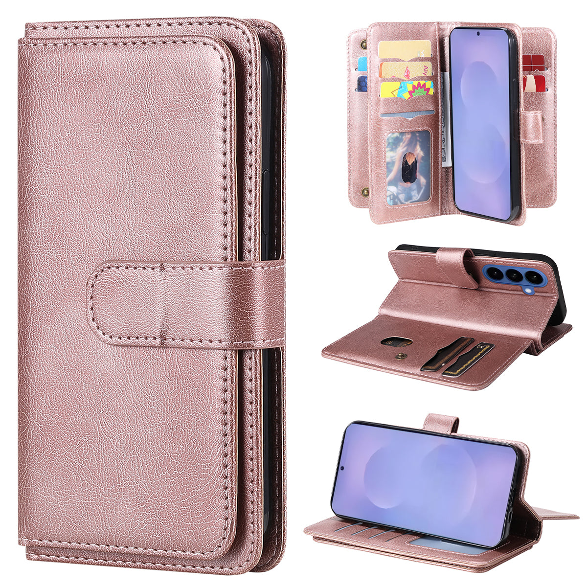 For-Samsung-Galaxy-S26-/-S26-Pro-Leather-Case-with-10-Card-Holder-Phone-Cover-Stand-Rose-Gold