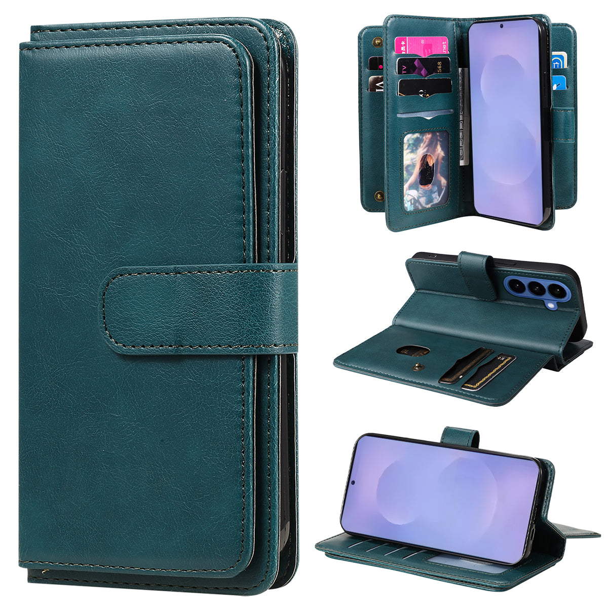 For-Samsung-Galaxy-S26-/-S26-Pro-Leather-Case-with-10-Card-Holder-Phone-Cover-Stand-Green