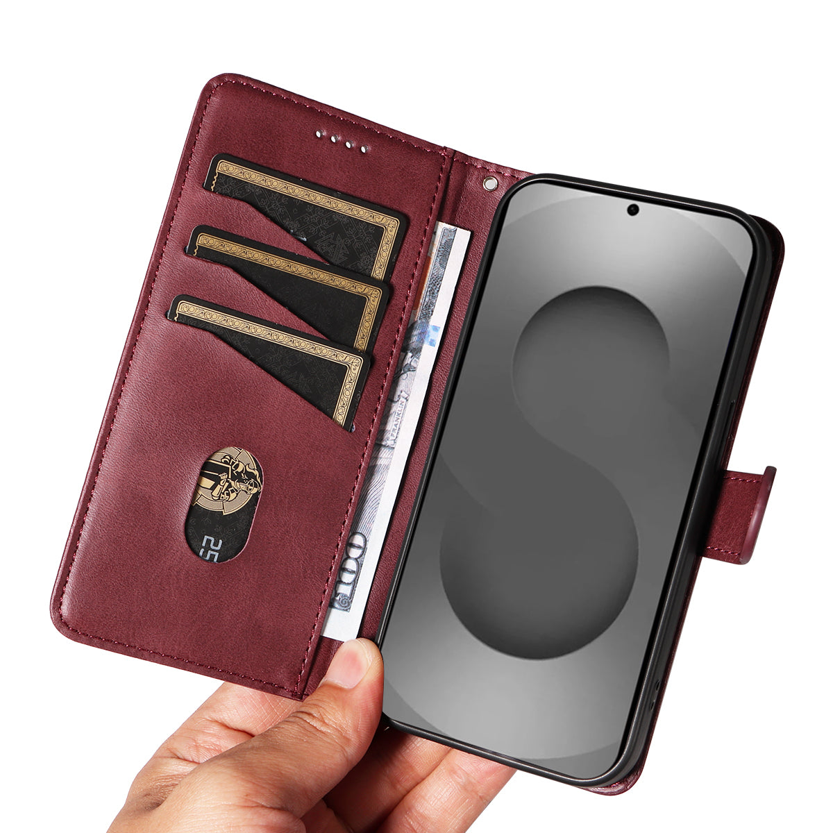 For-Samsung-Galaxy-S26-Ultra-Wallet-Case-T-Shape-Lines-Leather-Phone-Cover-Stand-Wine-Red