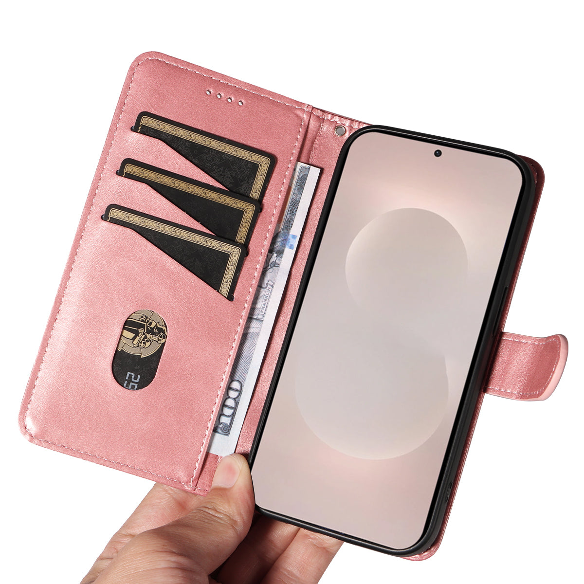 For-Samsung-Galaxy-S26-Edge-Wallet-Case-T-Shape-Lines-Leather-Phone-Cover-Stand-Rose-Gold
