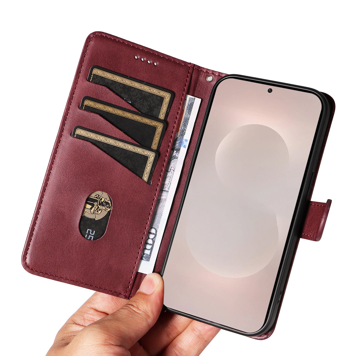 For-Samsung-Galaxy-S26-Edge-Wallet-Case-T-Shape-Lines-Leather-Phone-Cover-Stand-Wine-Red