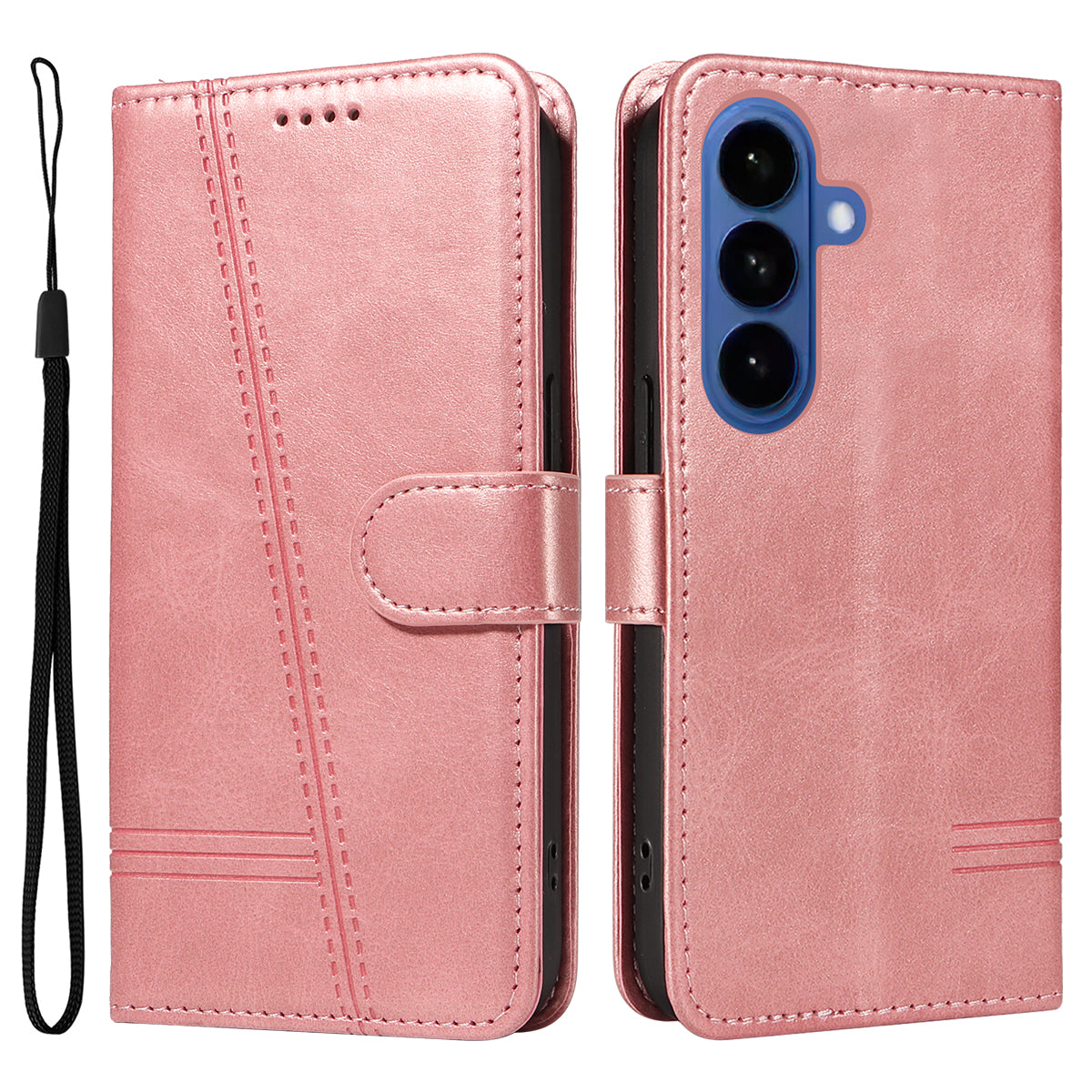 For-Samsung-Galaxy-S26-/-S26-Pro-Wallet-Case-T-Shape-Lines-Leather-Phone-Cover-Stand-Rose-Gold