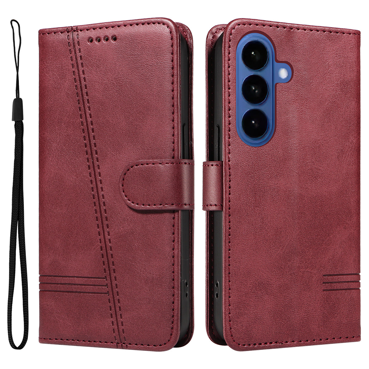 For-Samsung-Galaxy-S26-/-S26-Pro-Wallet-Case-T-Shape-Lines-Leather-Phone-Cover-Stand-Wine-Red
