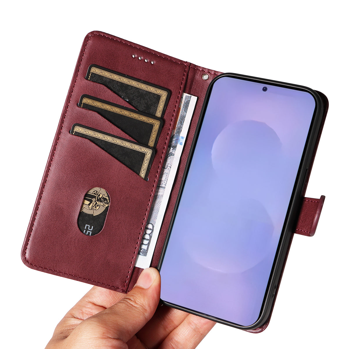 For-Samsung-Galaxy-S26-/-S26-Pro-Wallet-Case-T-Shape-Lines-Leather-Phone-Cover-Stand-Wine-Red