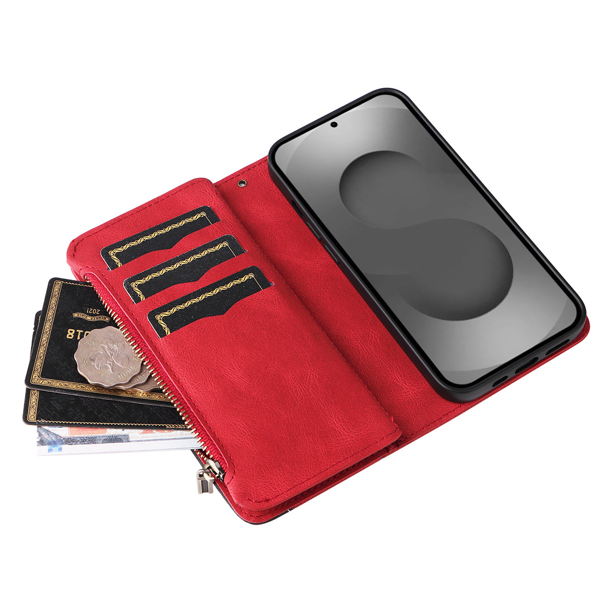 For-Samsung-Galaxy-S26-Ultra-Leather-Case-with-Strap-Zipper-9-Card-Slot-Phone-Cover-Stand-Red