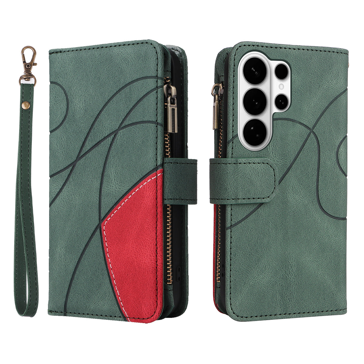 For-Samsung-Galaxy-S26-Ultra-Leather-Case-with-Strap-Zipper-9-Card-Slot-Phone-Cover-Stand-Green