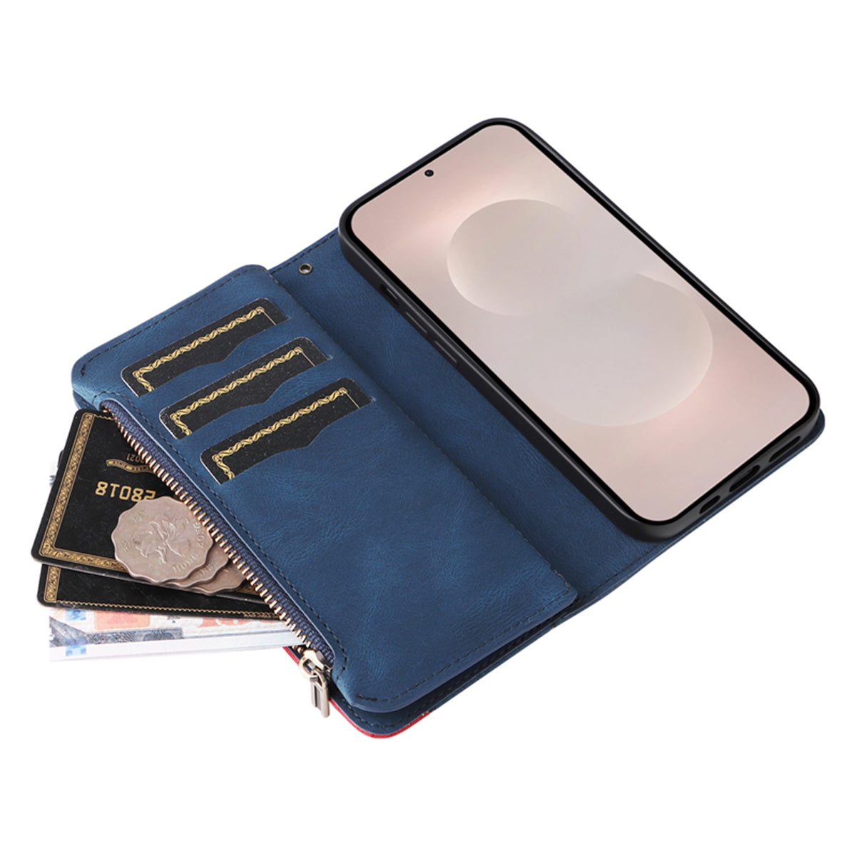 For-Samsung-Galaxy-S26-Edge-Leather-Case-with-Strap-Zipper-9-Card-Slot-Phone-Cover-Stand-Blue