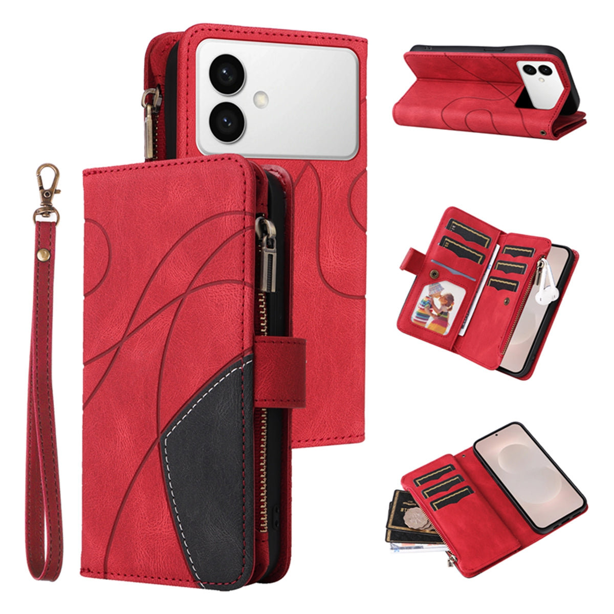 For-Samsung-Galaxy-S26-Edge-Leather-Case-with-Strap-Zipper-9-Card-Slot-Phone-Cover-Stand-Red