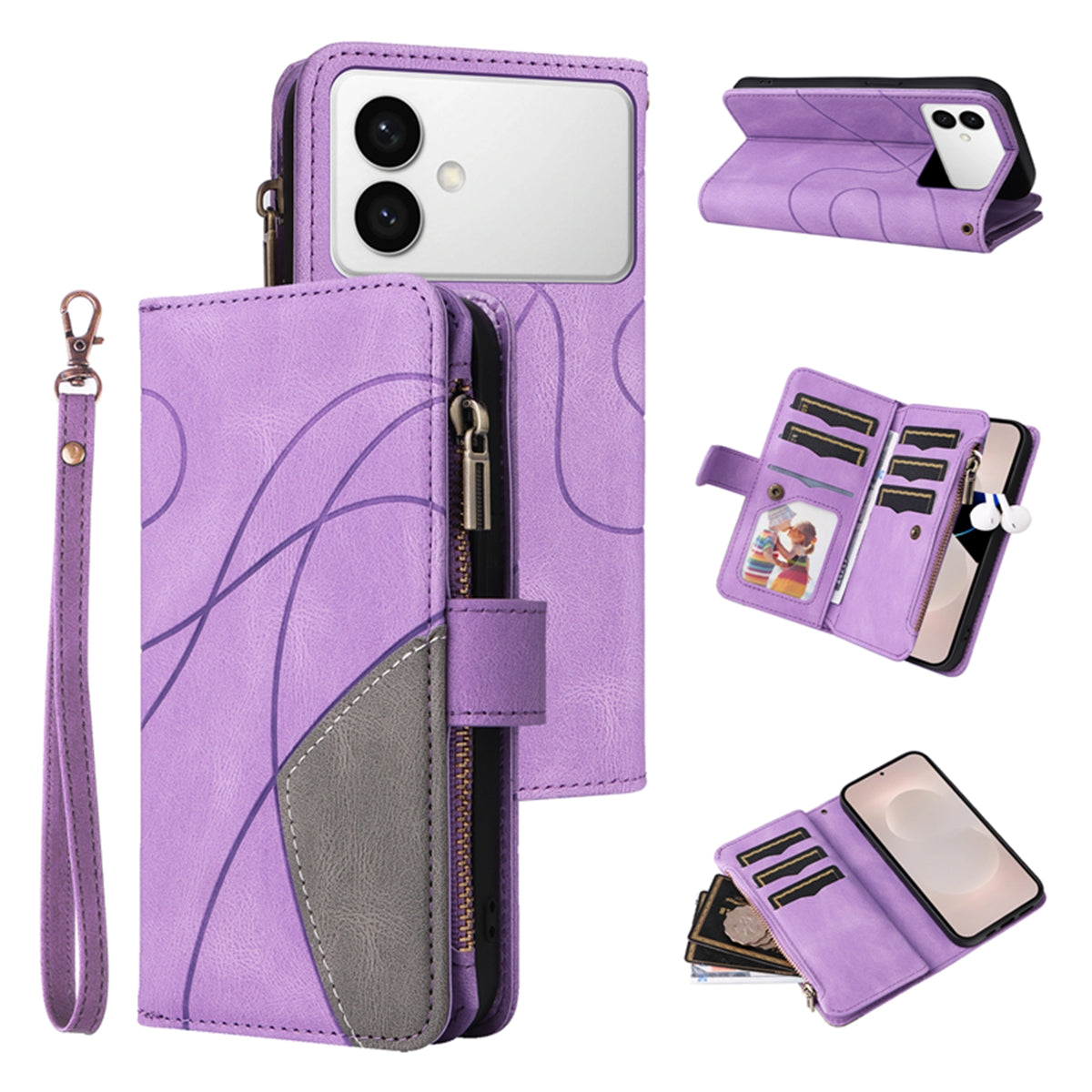 For-Samsung-Galaxy-S26-Edge-Leather-Case-with-Strap-Zipper-9-Card-Slot-Phone-Cover-Stand-Purple