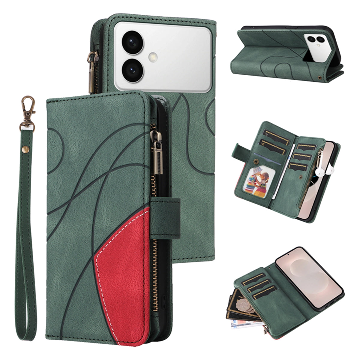 For-Samsung-Galaxy-S26-Edge-Leather-Case-with-Strap-Zipper-9-Card-Slot-Phone-Cover-Stand-Green