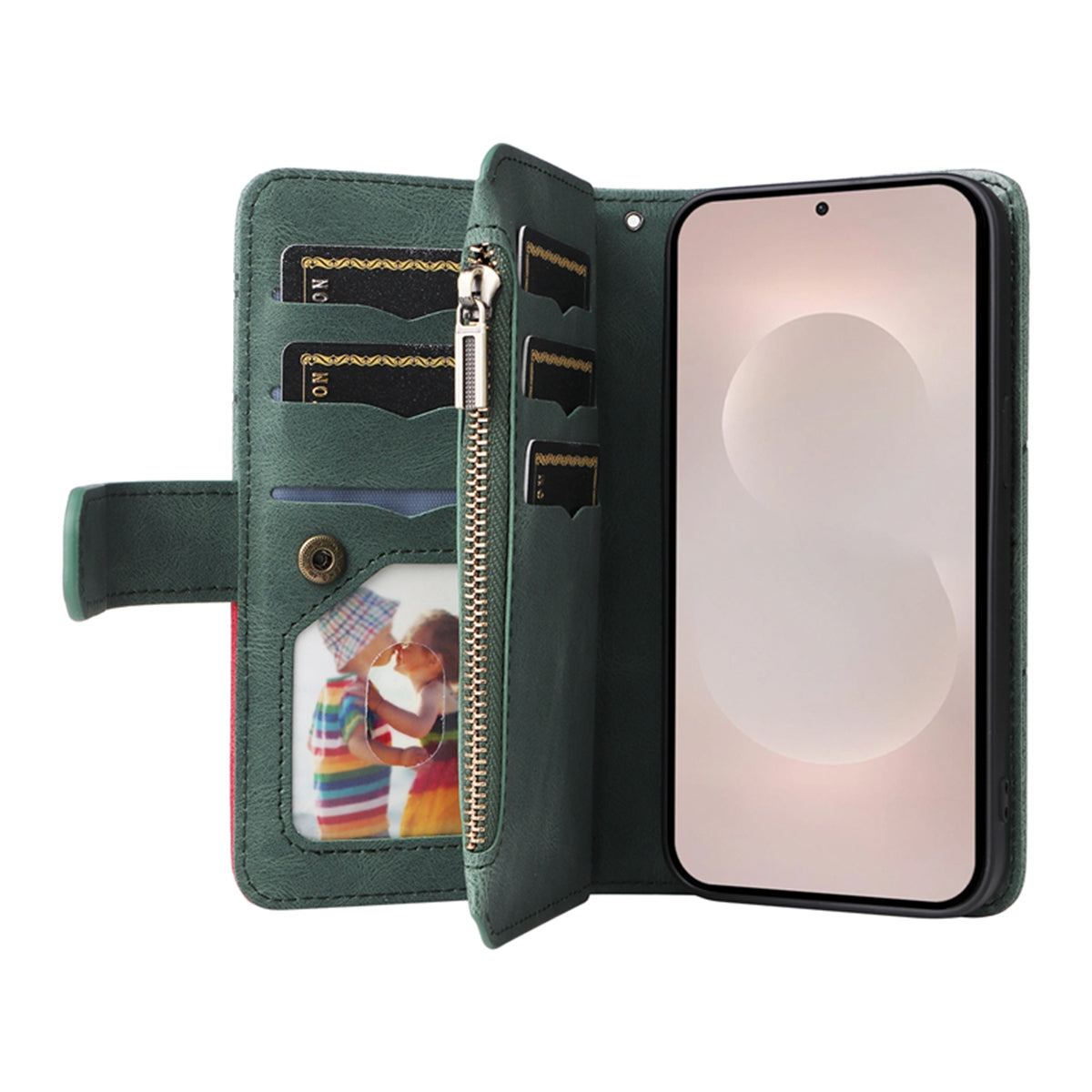 For-Samsung-Galaxy-S26-Edge-Leather-Case-with-Strap-Zipper-9-Card-Slot-Phone-Cover-Stand-Green