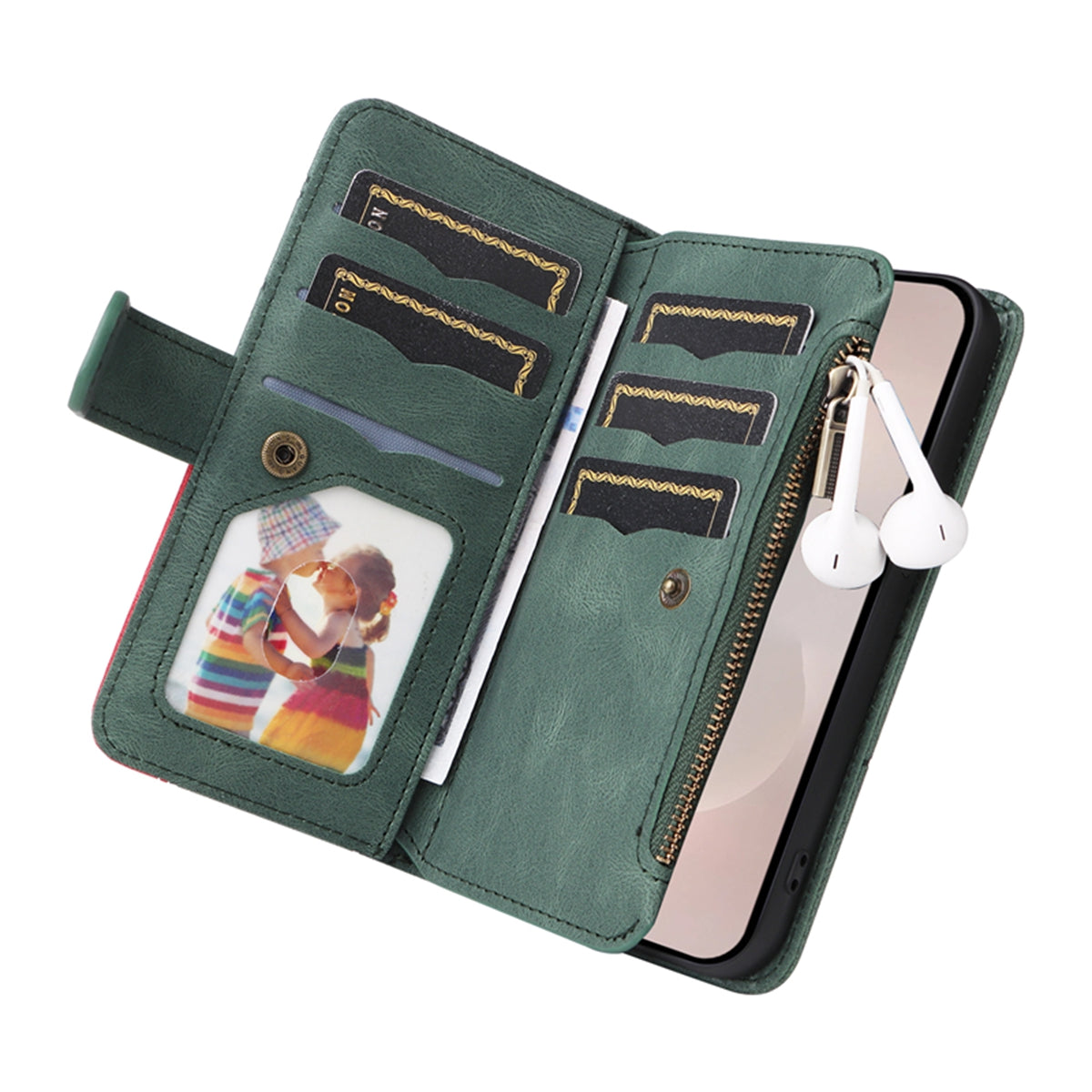 For-Samsung-Galaxy-S26-Edge-Leather-Case-with-Strap-Zipper-9-Card-Slot-Phone-Cover-Stand-Green