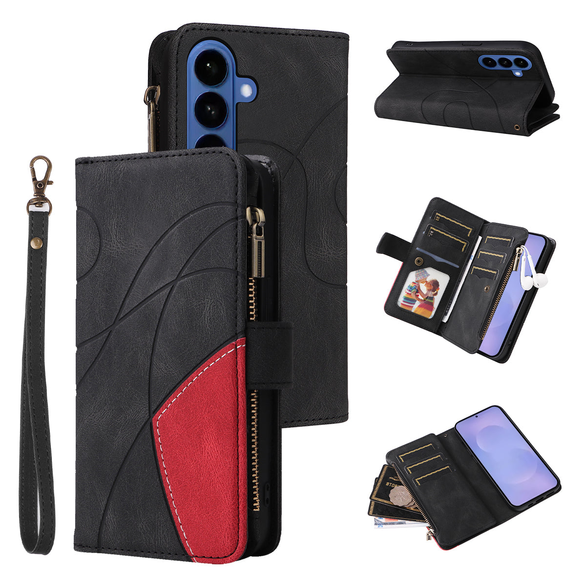 For-Samsung-Galaxy-S26-/-S26-Pro-Leather-Case-with-Strap-Zipper-9-Card-Slot-Phone-Cover-Stand-Black