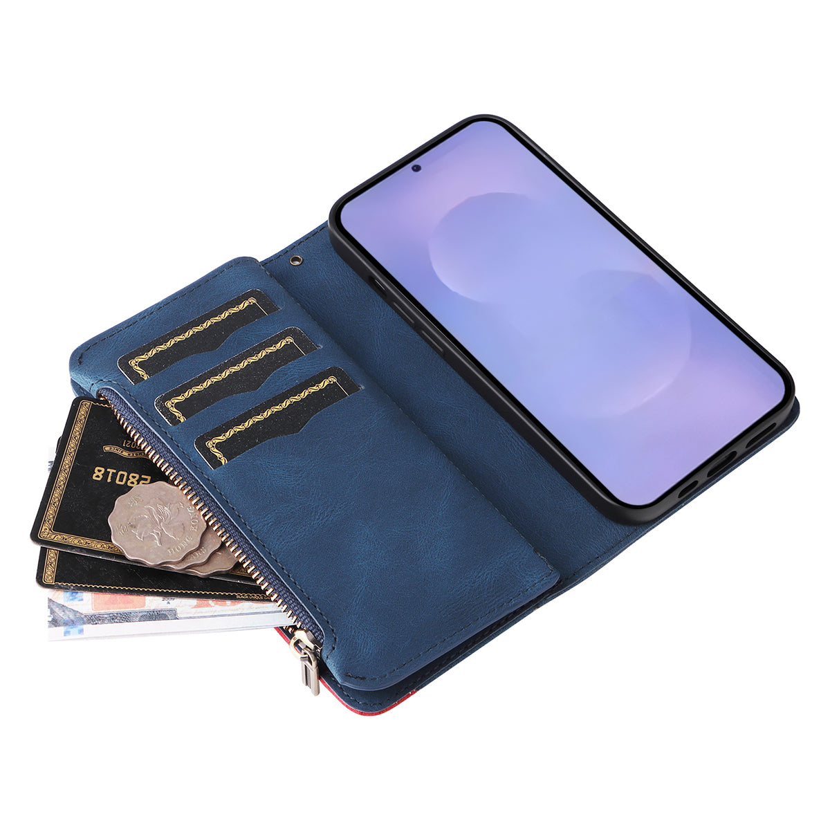 For-Samsung-Galaxy-S26-/-S26-Pro-Leather-Case-with-Strap-Zipper-9-Card-Slot-Phone-Cover-Stand-Blue