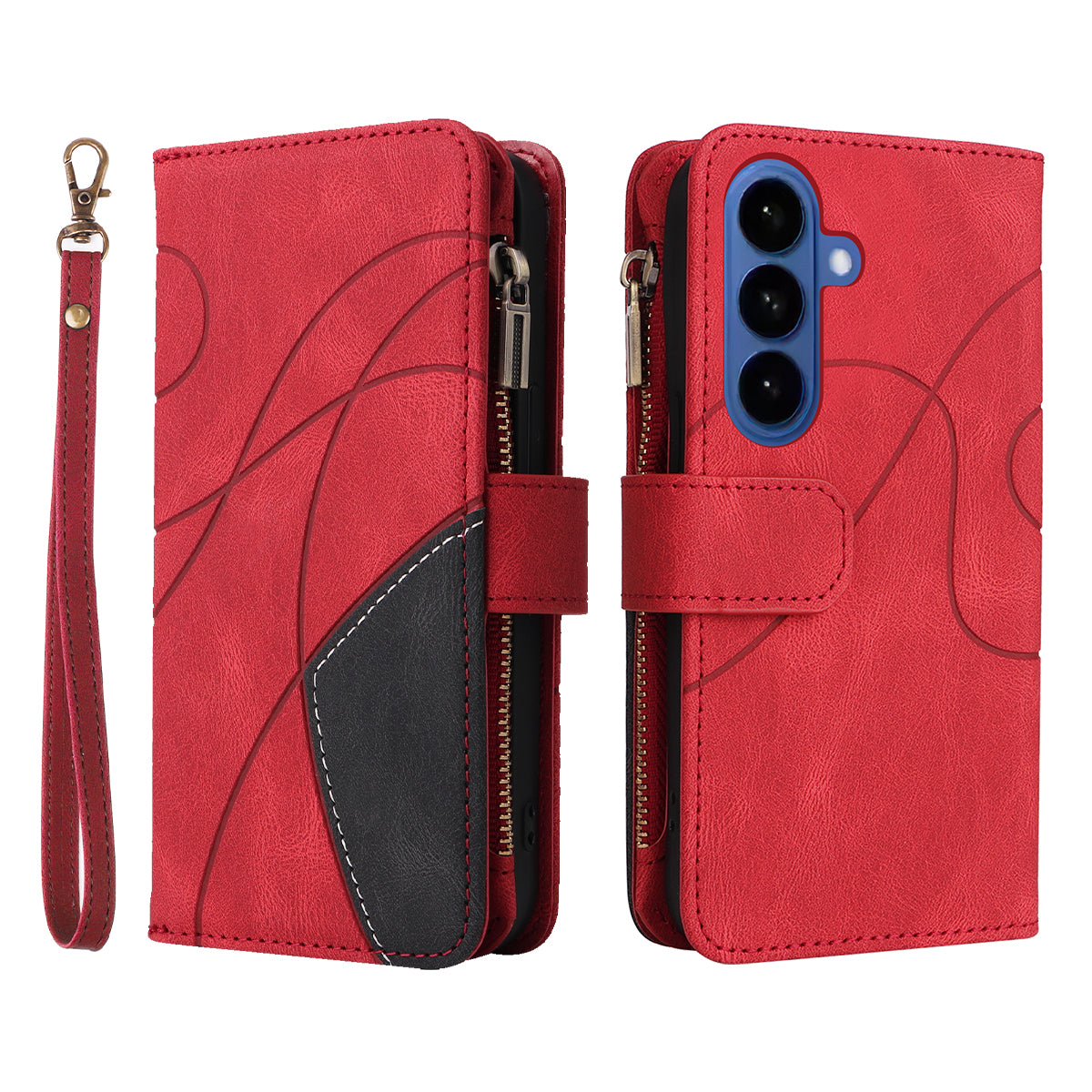 For-Samsung-Galaxy-S26-/-S26-Pro-Leather-Case-with-Strap-Zipper-9-Card-Slot-Phone-Cover-Stand-Red