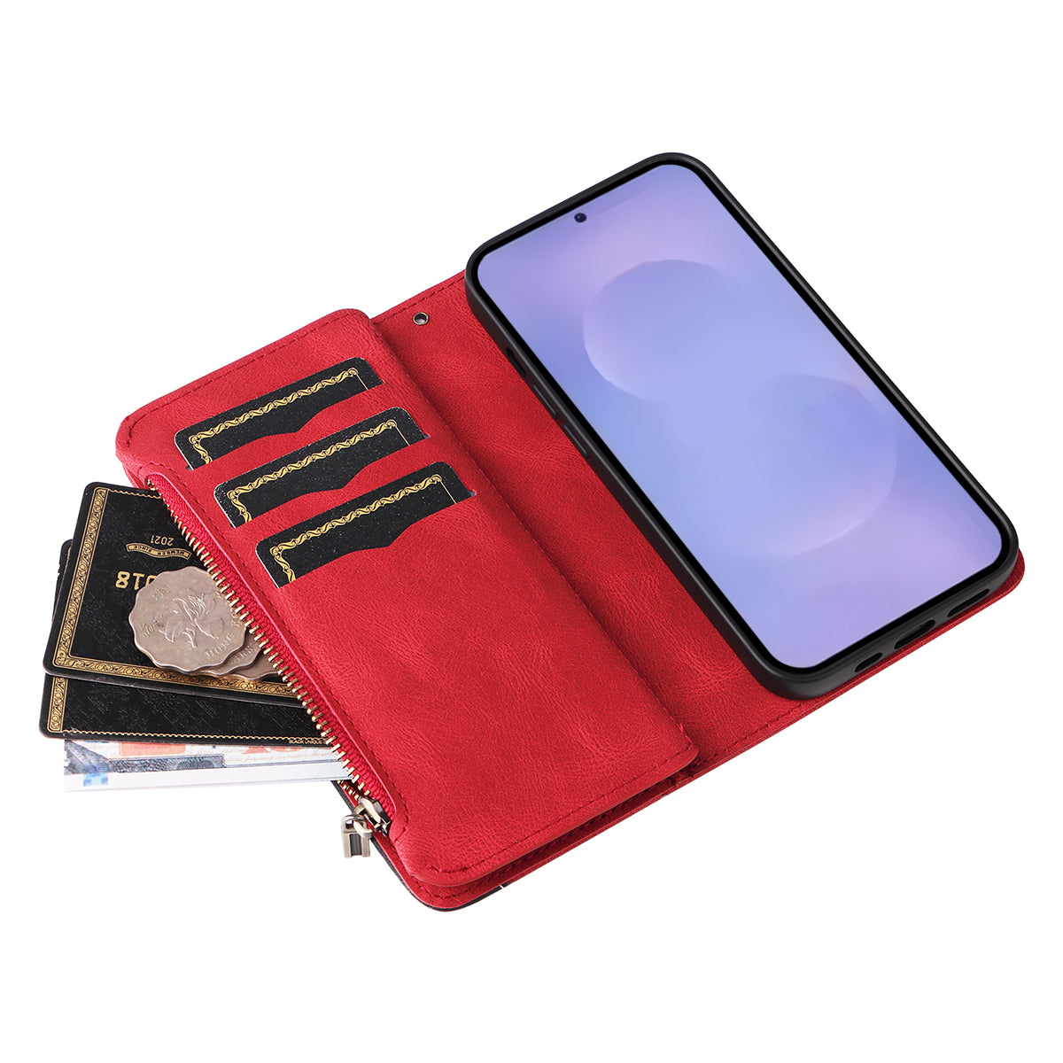 For-Samsung-Galaxy-S26-/-S26-Pro-Leather-Case-with-Strap-Zipper-9-Card-Slot-Phone-Cover-Stand-Red
