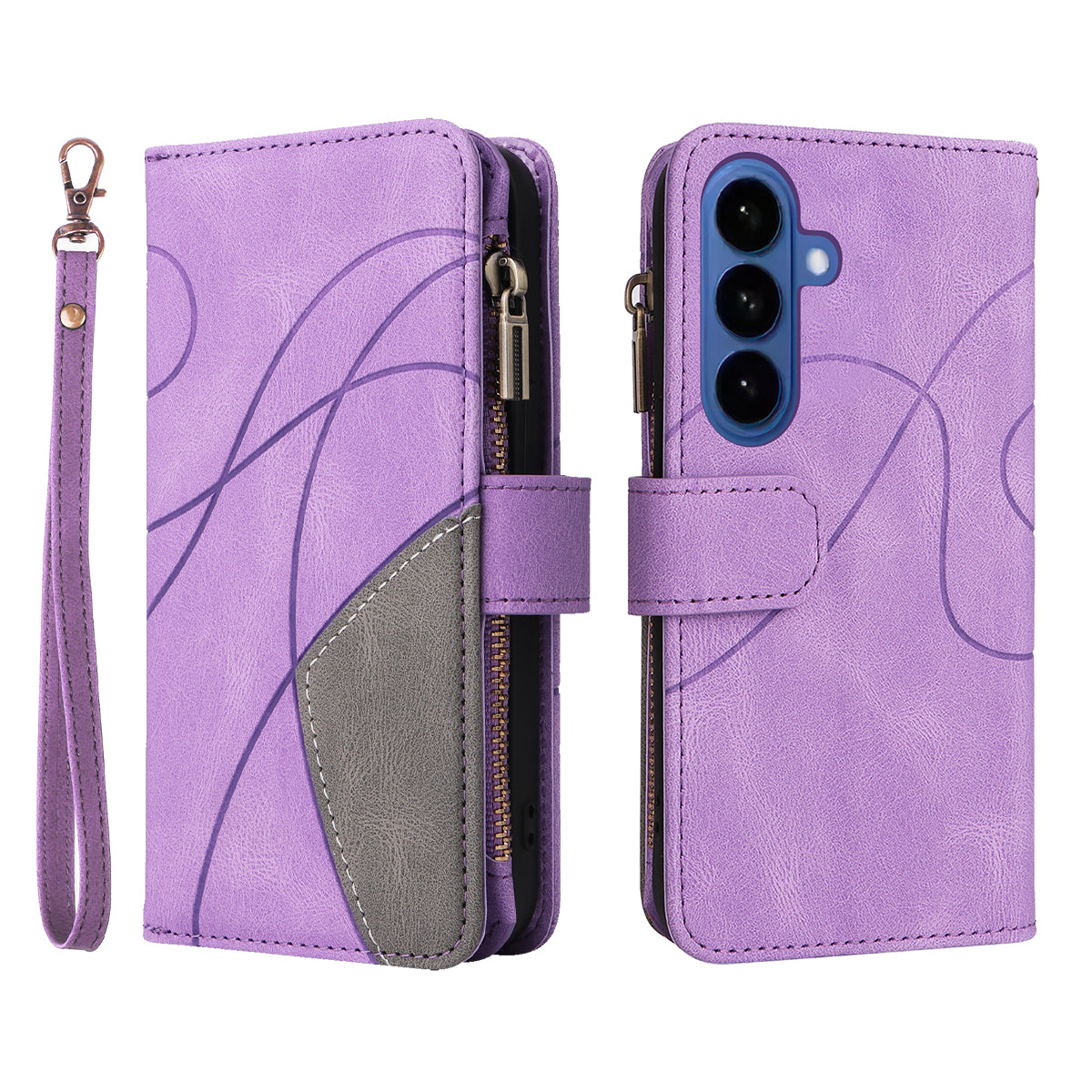 For-Samsung-Galaxy-S26-/-S26-Pro-Leather-Case-with-Strap-Zipper-9-Card-Slot-Phone-Cover-Stand-Purple