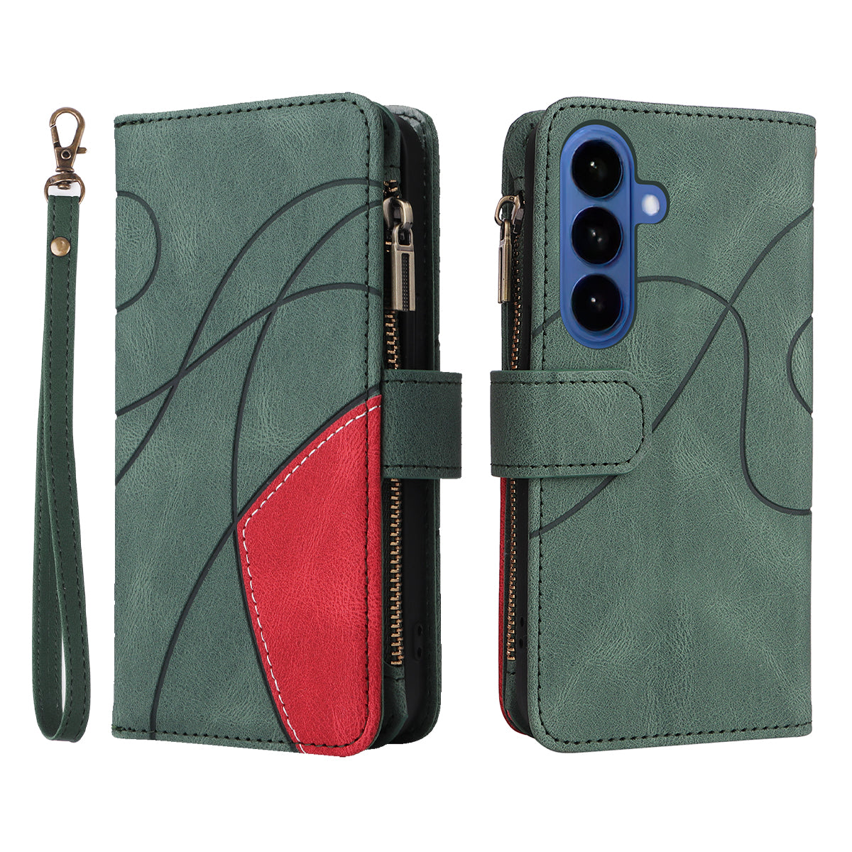 For-Samsung-Galaxy-S26-/-S26-Pro-Leather-Case-with-Strap-Zipper-9-Card-Slot-Phone-Cover-Stand-Green