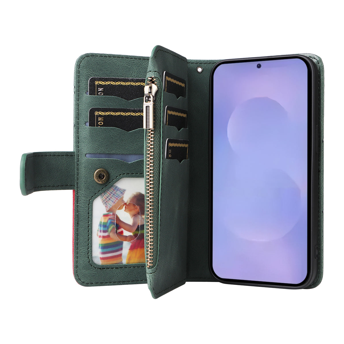 For-Samsung-Galaxy-S26-/-S26-Pro-Leather-Case-with-Strap-Zipper-9-Card-Slot-Phone-Cover-Stand-Green