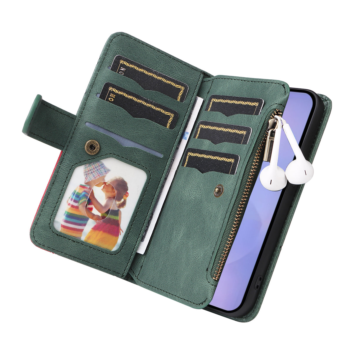 For-Samsung-Galaxy-S26-/-S26-Pro-Leather-Case-with-Strap-Zipper-9-Card-Slot-Phone-Cover-Stand-Green