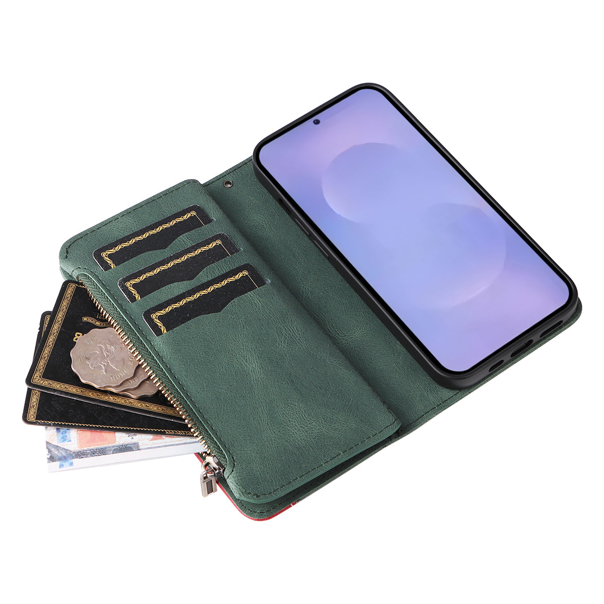 For-Samsung-Galaxy-S26-/-S26-Pro-Leather-Case-with-Strap-Zipper-9-Card-Slot-Phone-Cover-Stand-Green