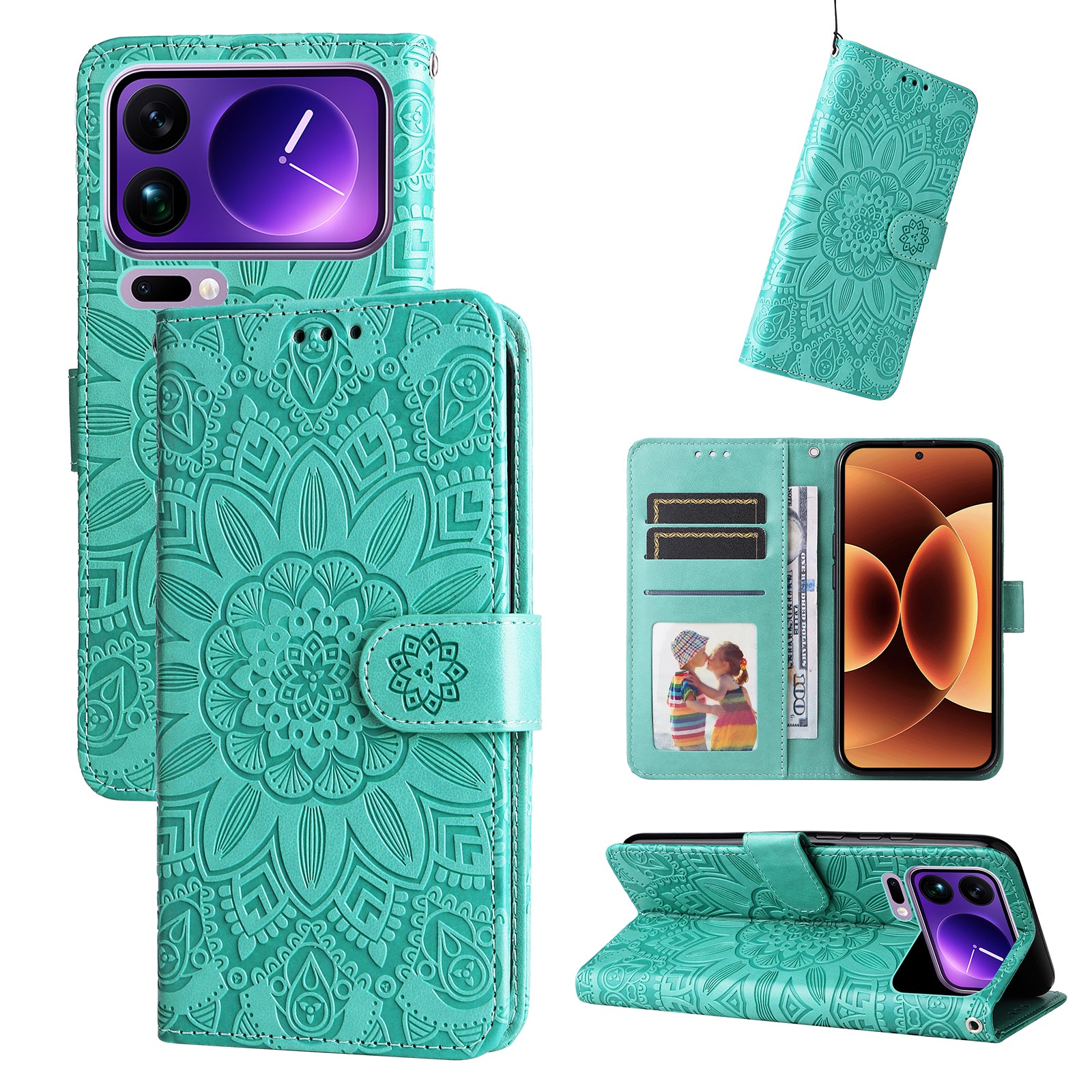 For Xiaomi 17 Pro Max Case Sunflower Imprint Leather Wallet Phone Cover - Green