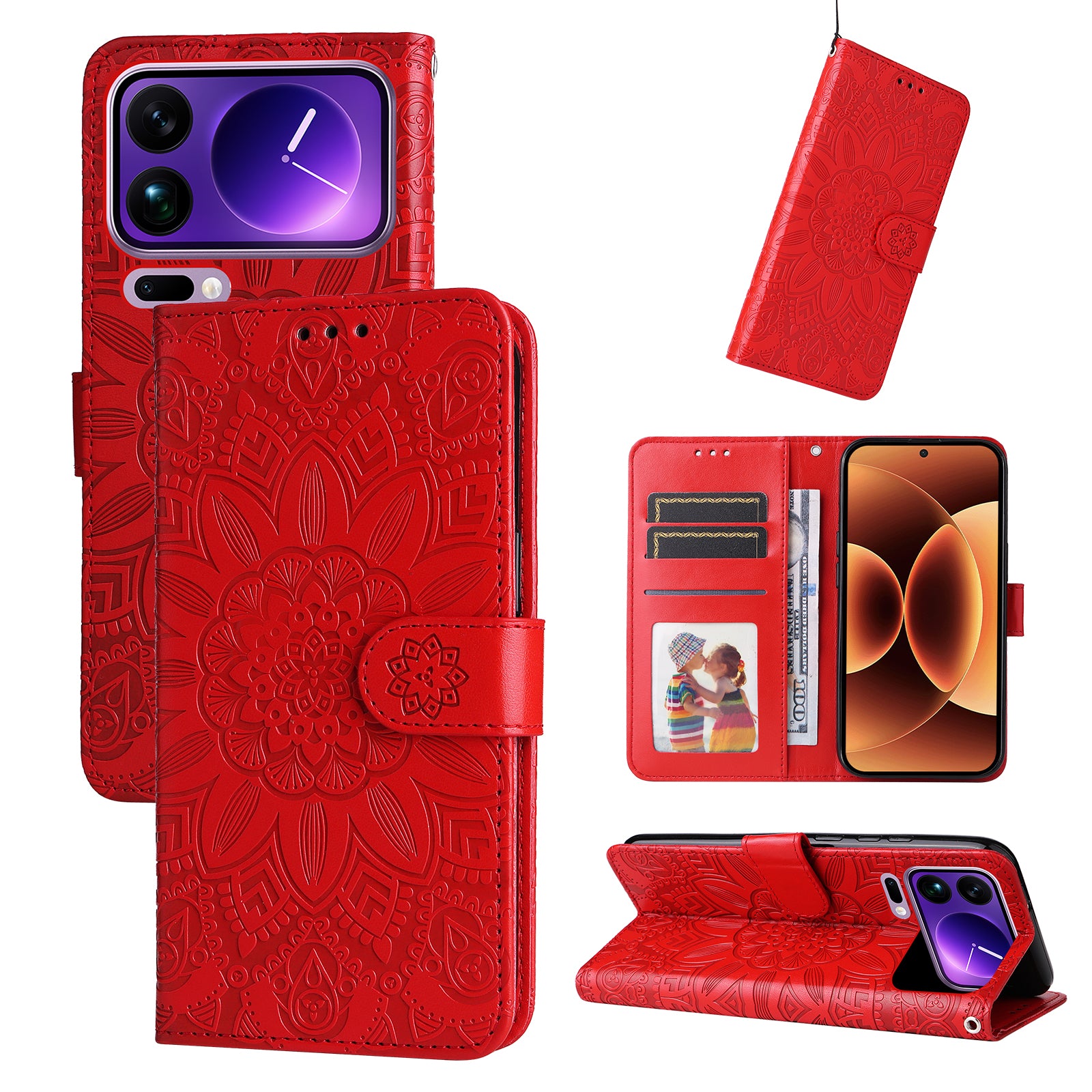 For Xiaomi 17 Pro Max Case Sunflower Imprint Leather Wallet Phone Cover - Red