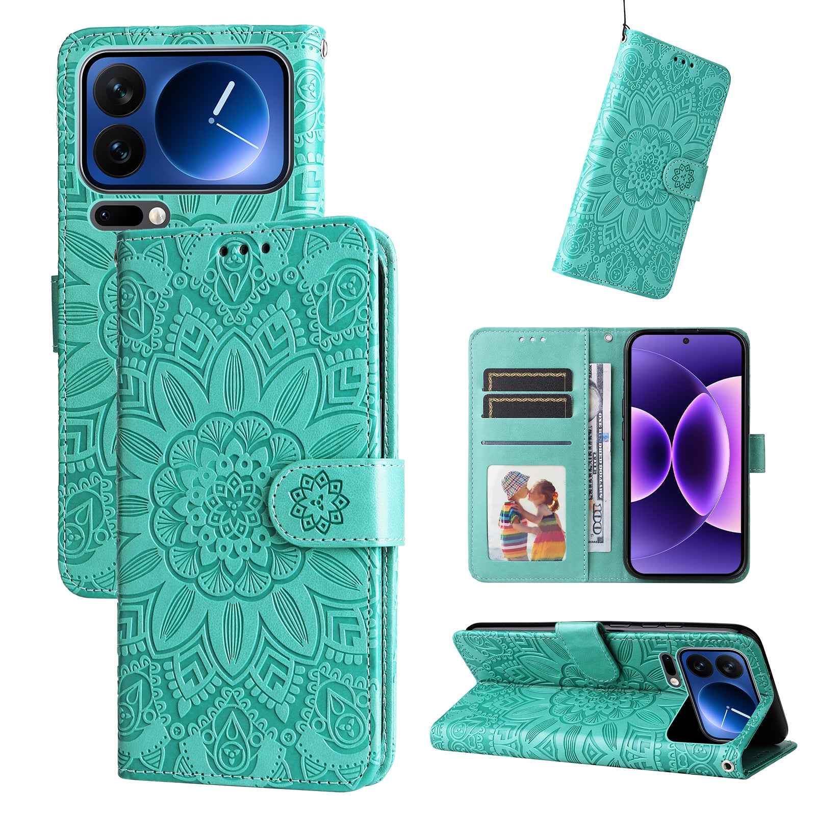 For Xiaomi 17 Pro Case Sunflower Imprint Leather Wallet Phone Cover - Green
