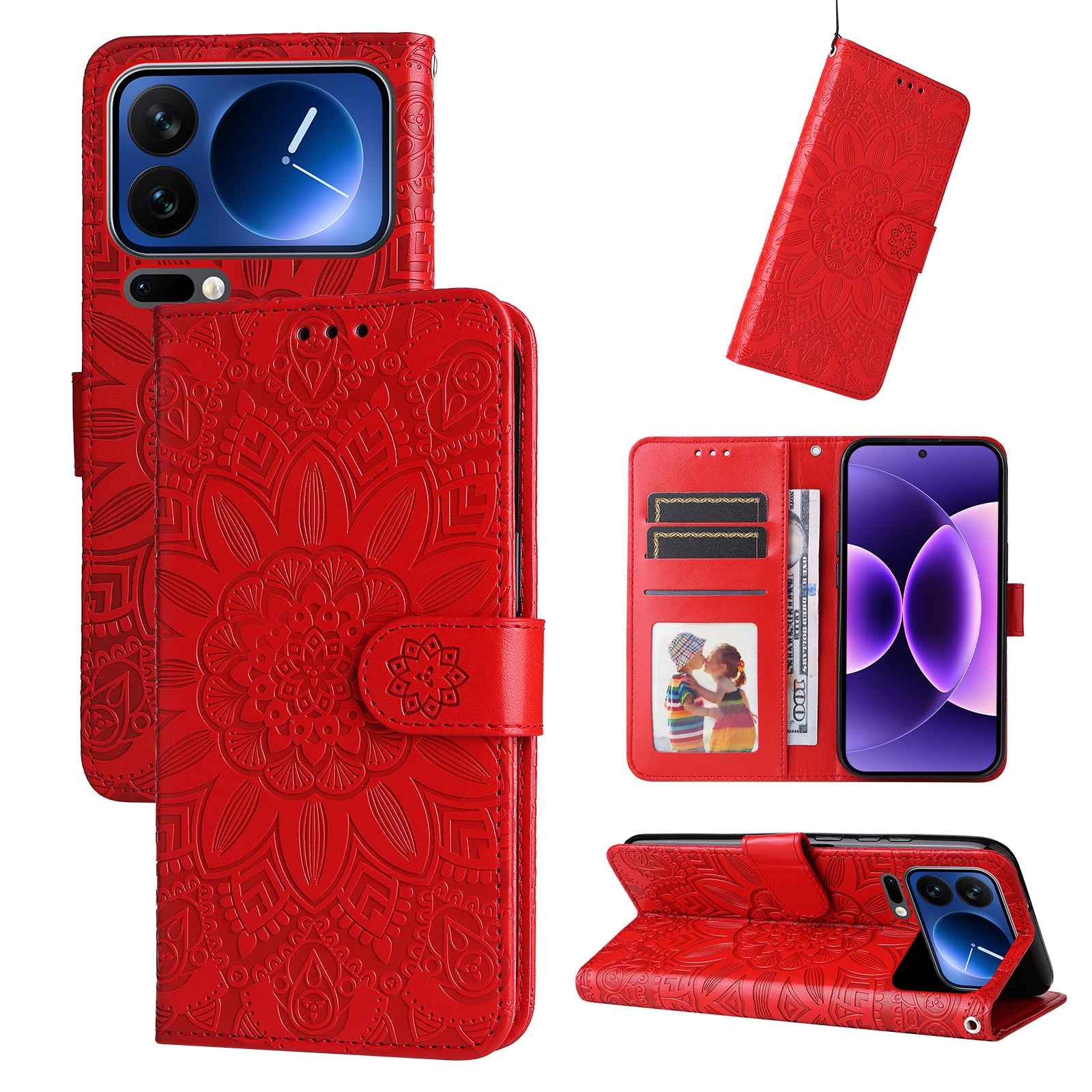 For Xiaomi 17 Pro Case Sunflower Imprint Leather Wallet Phone Cover - Red