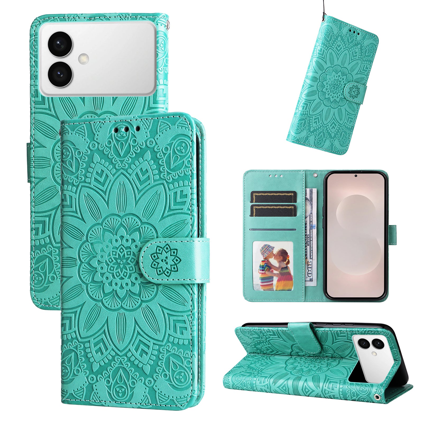 For-Samsung-Galaxy-S26-Edge-Case-Sunflower-Imprint-Leather-Wallet-Phone-Cover-Green