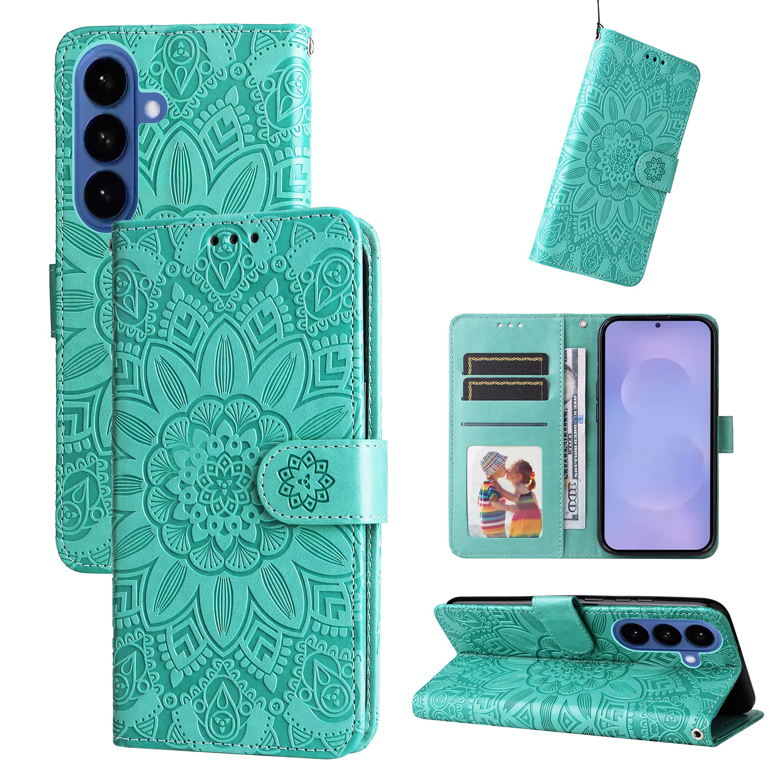 For-Samsung-Galaxy-S26-/-S26-Pro-Case-Sunflower-Imprint-Leather-Wallet-Phone-Cover-Green