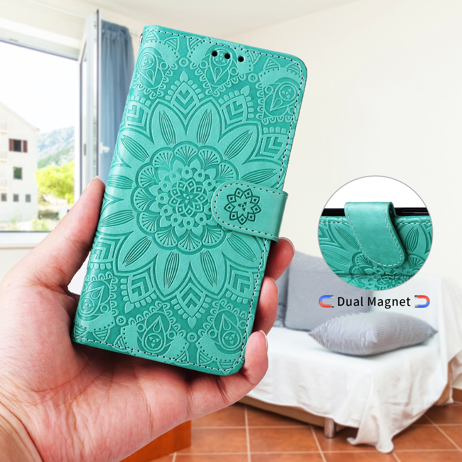 For-Samsung-Galaxy-S26-/-S26-Pro-Case-Sunflower-Imprint-Leather-Wallet-Phone-Cover-Green