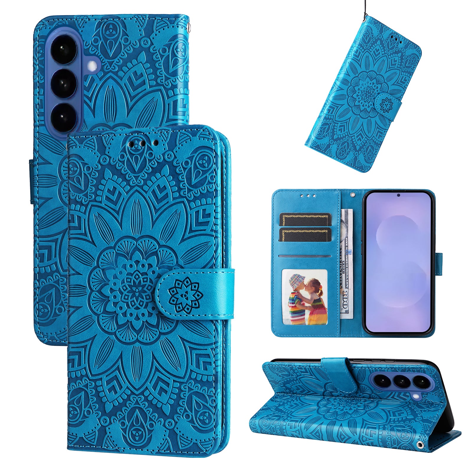 For-Samsung-Galaxy-S26-/-S26-Pro-Case-Sunflower-Imprint-Leather-Wallet-Phone-Cover-Blue