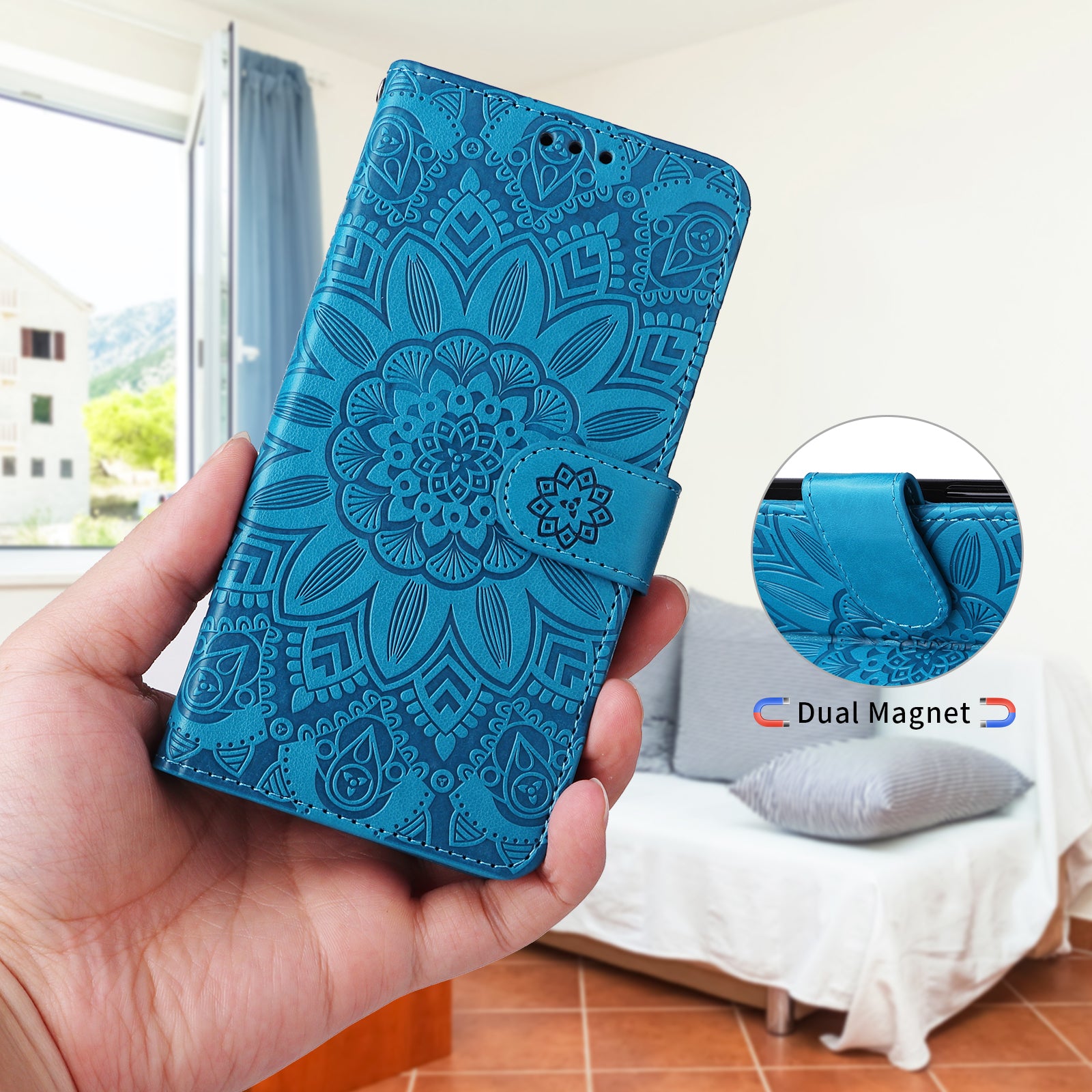 For-Samsung-Galaxy-S26-/-S26-Pro-Case-Sunflower-Imprint-Leather-Wallet-Phone-Cover-Blue