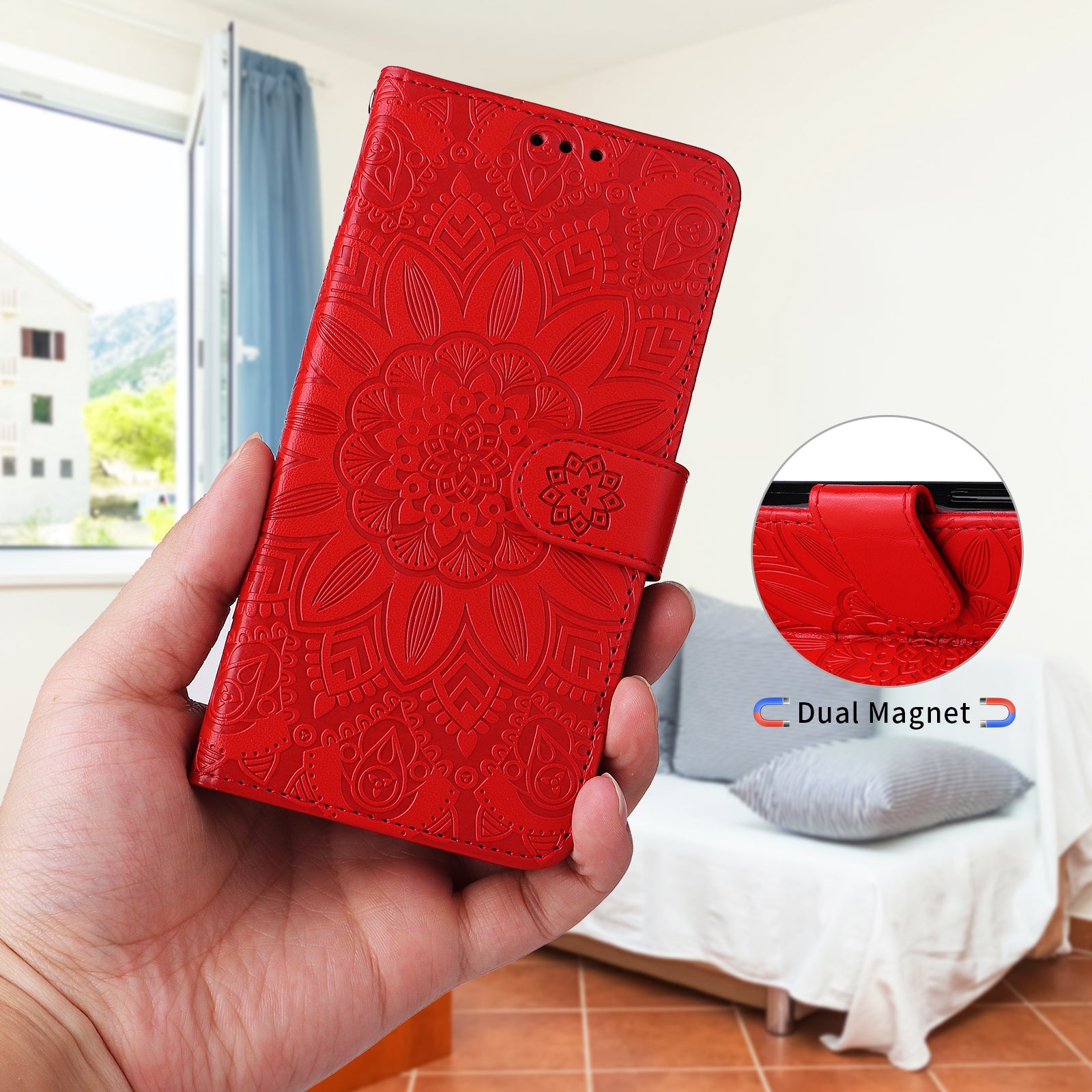 For-Samsung-Galaxy-S26-/-S26-Pro-Case-Sunflower-Imprint-Leather-Wallet-Phone-Cover-Red