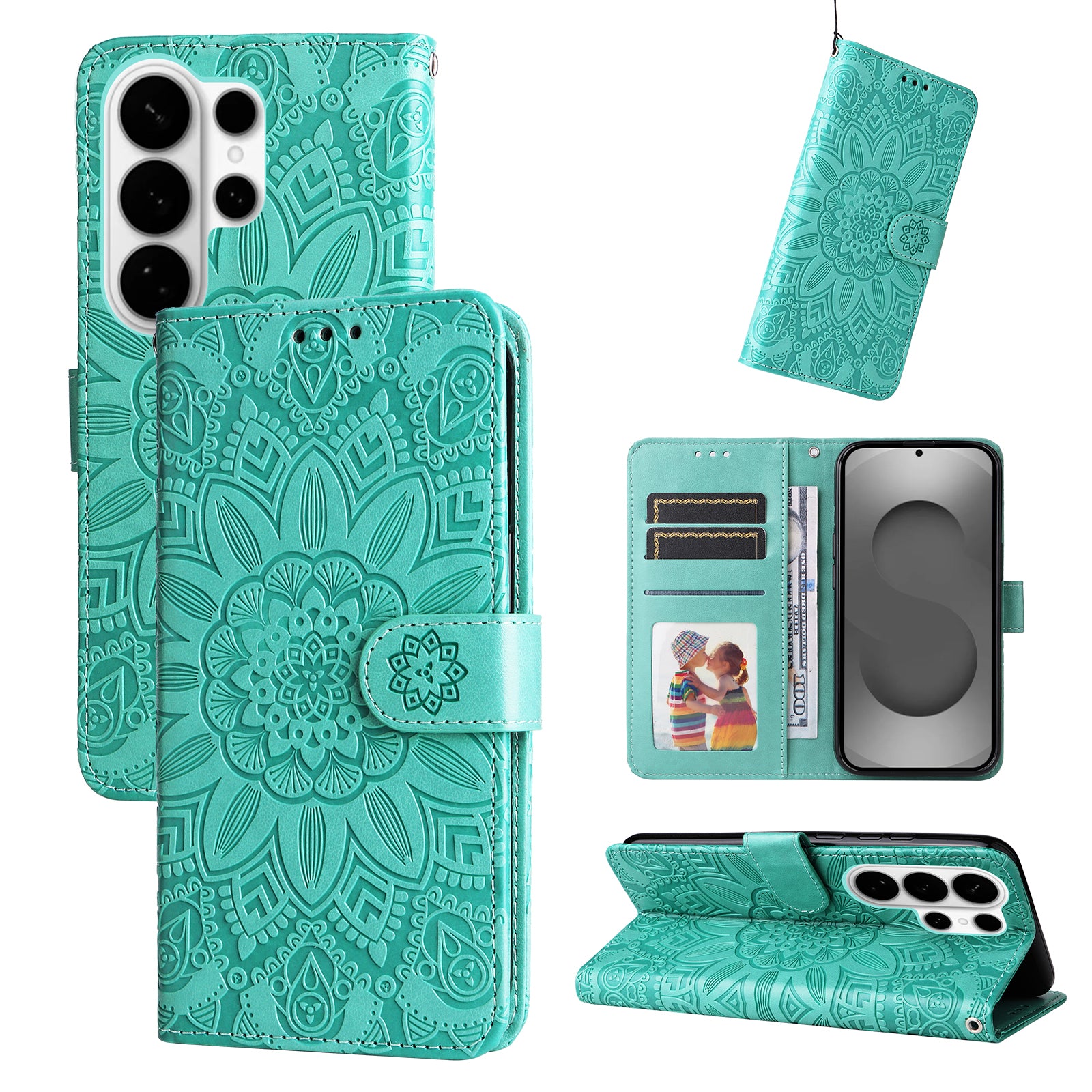 For-Samsung-Galaxy-S26-Ultra-Case-Sunflower-Imprint-Leather-Wallet-Phone-Cover-Green
