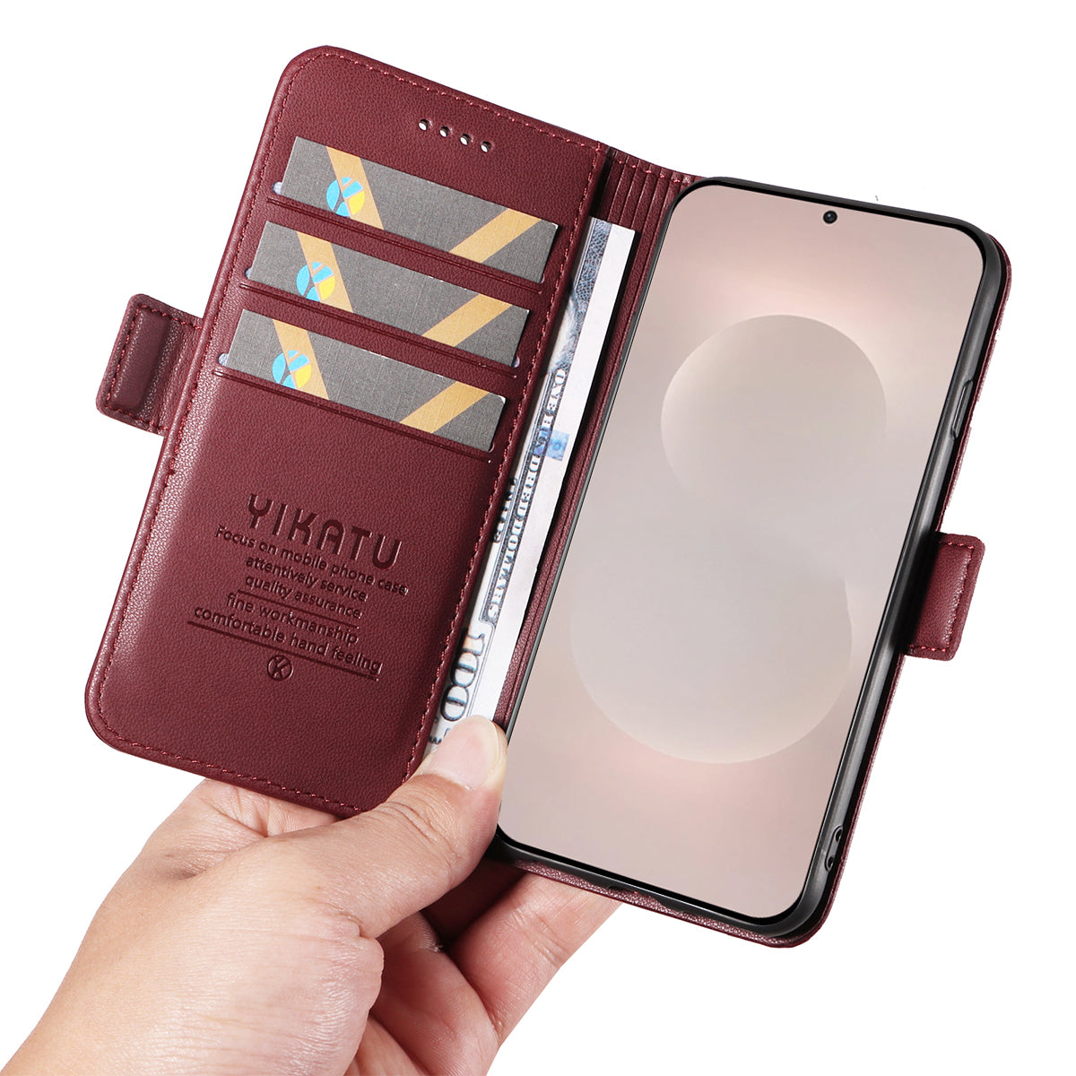 For-Samsung-Galaxy-S26-Edge-Wallet-Phone-Case-YIKATU-YK-003-Leather-Stand-Cover-Wine-Red