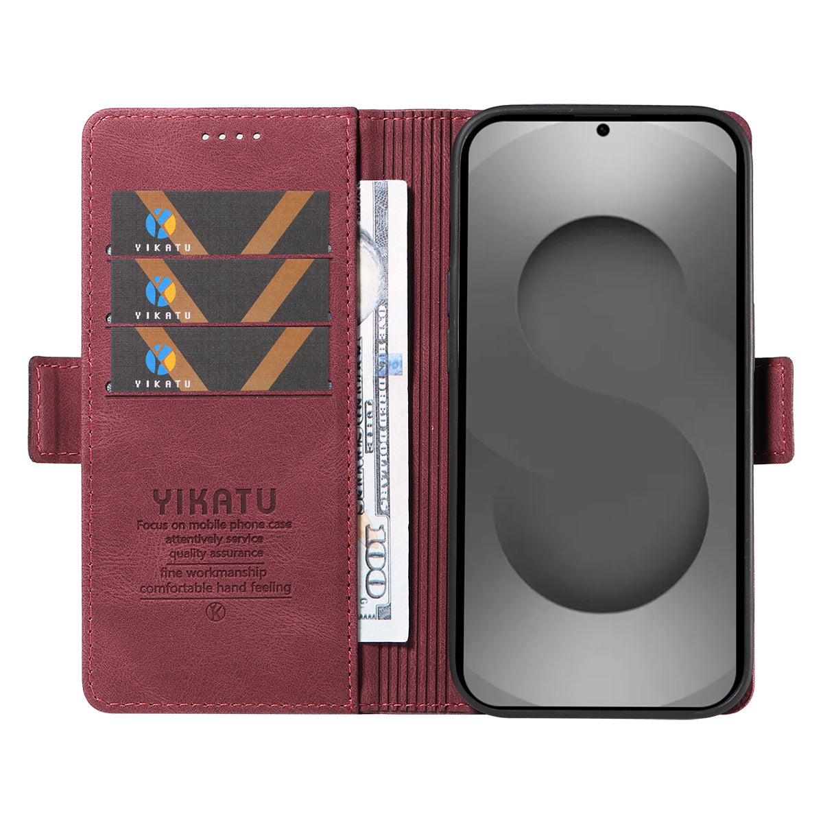 For-Samsung-Galaxy-S26-Ultra-Leather-Case-YIKATU-YK-005-Skin-touch-Feeling-Wallet-Phone-Cover-Wine-Red