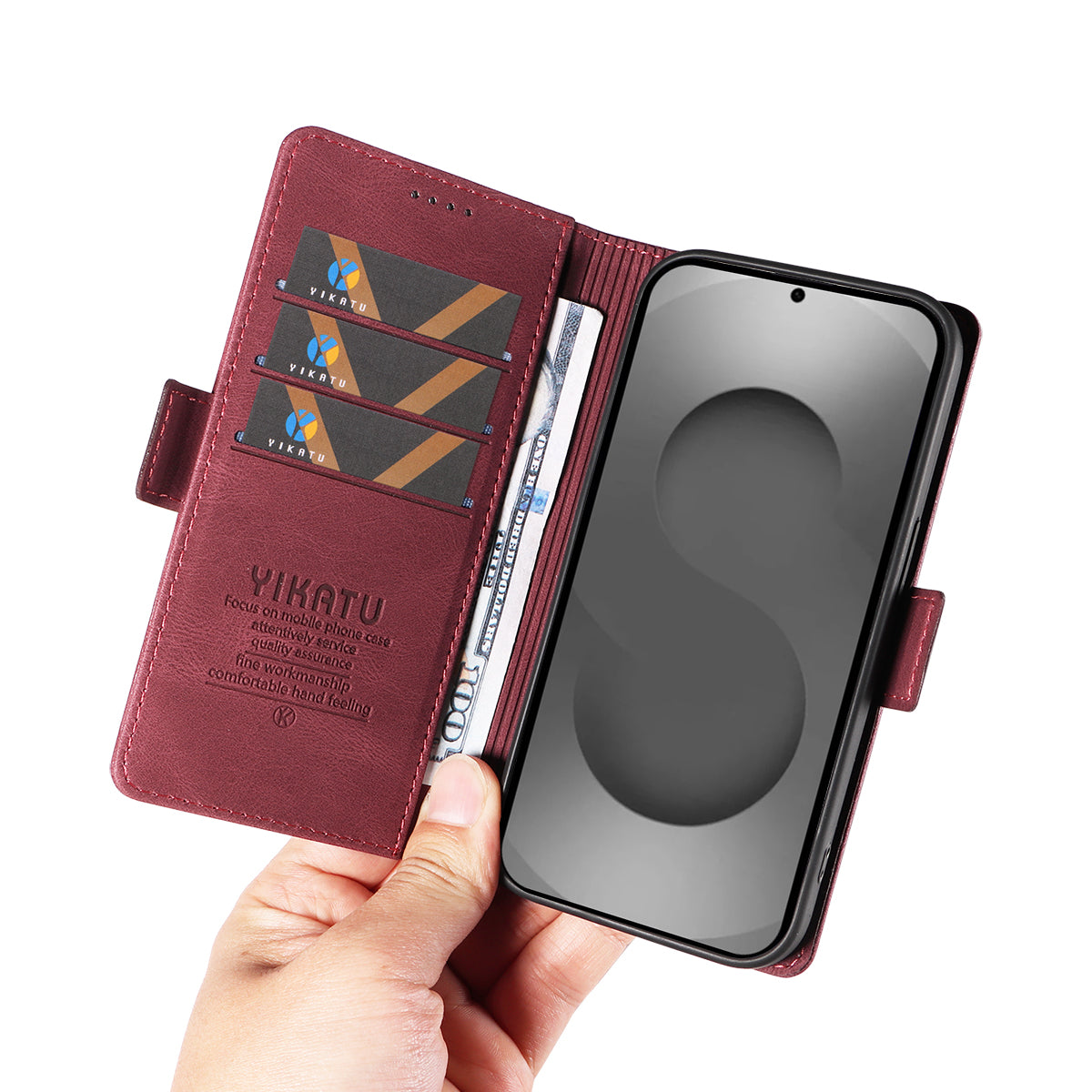 For-Samsung-Galaxy-S26-Ultra-Leather-Case-YIKATU-YK-005-Skin-touch-Feeling-Wallet-Phone-Cover-Wine-Red