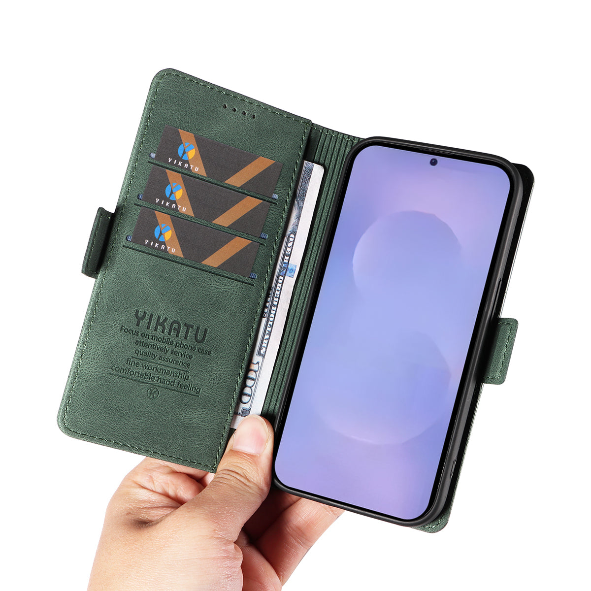 For-Samsung-Galaxy-S26-/-S26-Pro-Leather-Case-YIKATU-YK-005-Skin-touch-Feeling-Wallet-Phone-Cover-Green