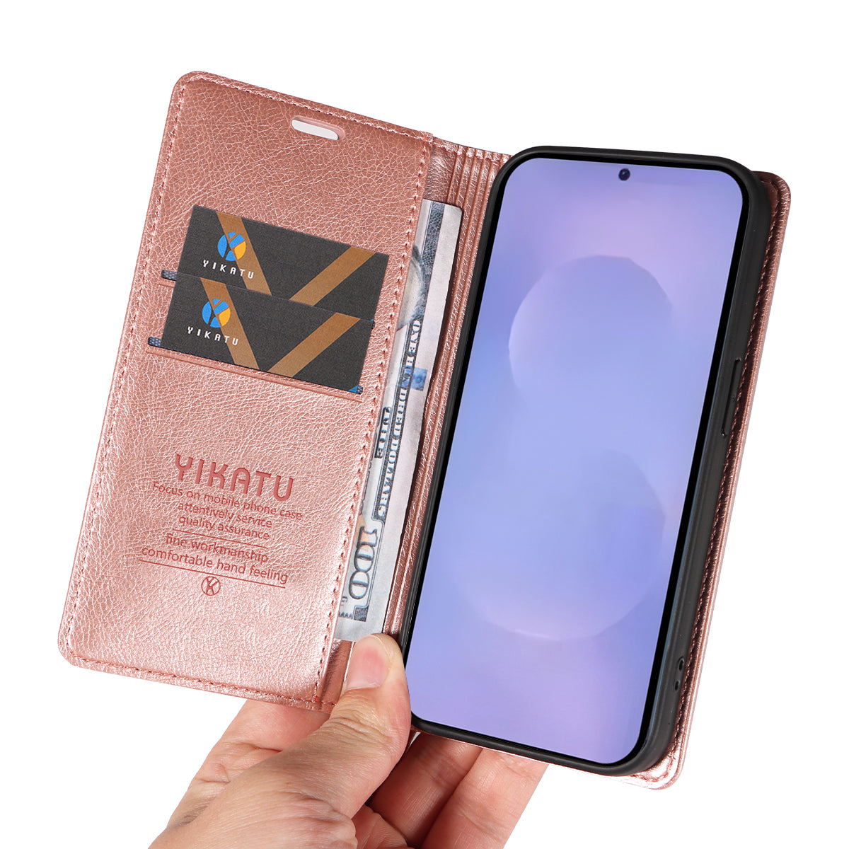 For-Samsung-Galaxy-S26-/-S26-Pro-Wallet-Case-YIKATU-YK-006-Magnetic-Closure-Leather-Phone-Cover-Litchi-Texture-Rose-Gold