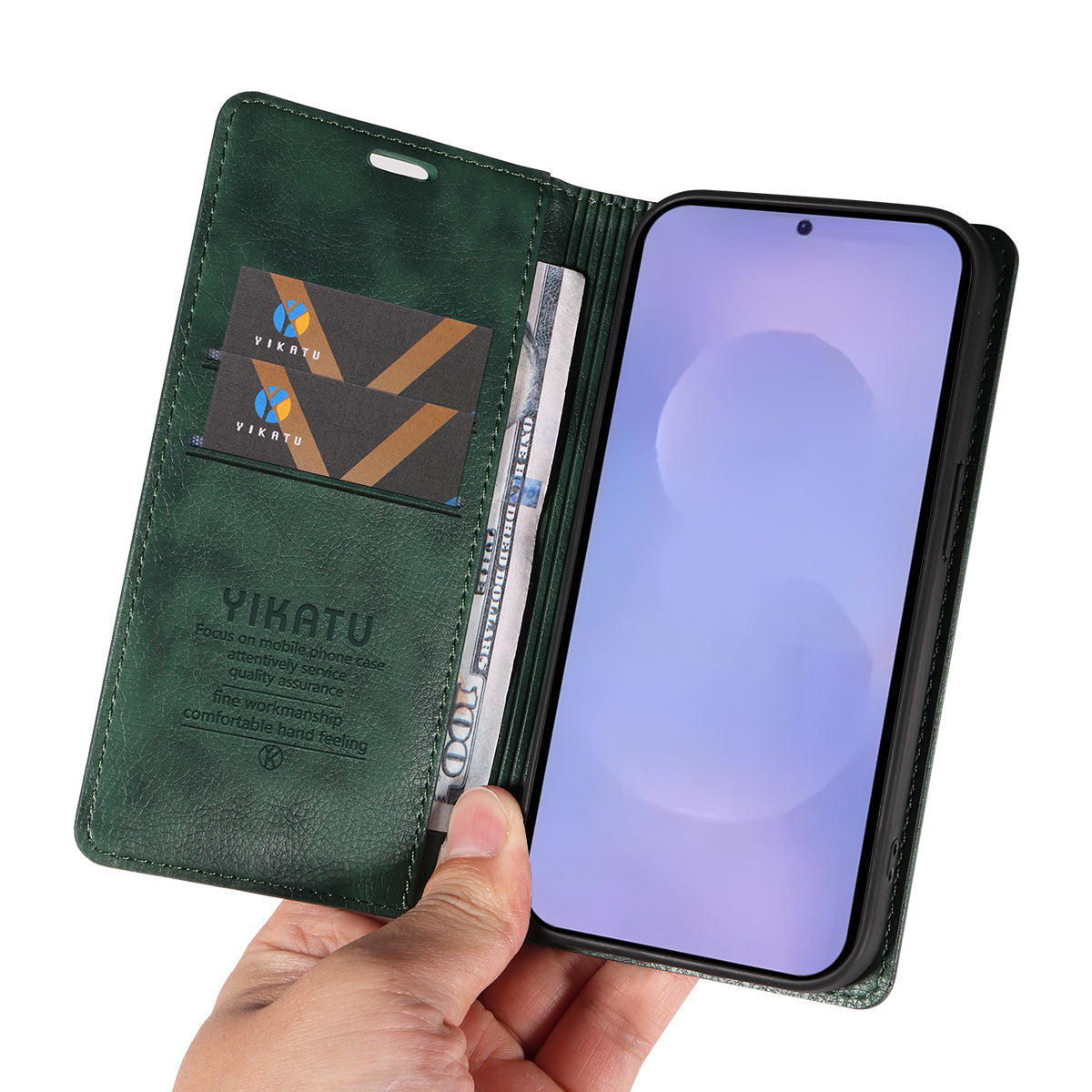 For-Samsung-Galaxy-S26-/-S26-Pro-Wallet-Case-YIKATU-YK-006-Magnetic-Closure-Leather-Phone-Cover-Litchi-Texture-Green