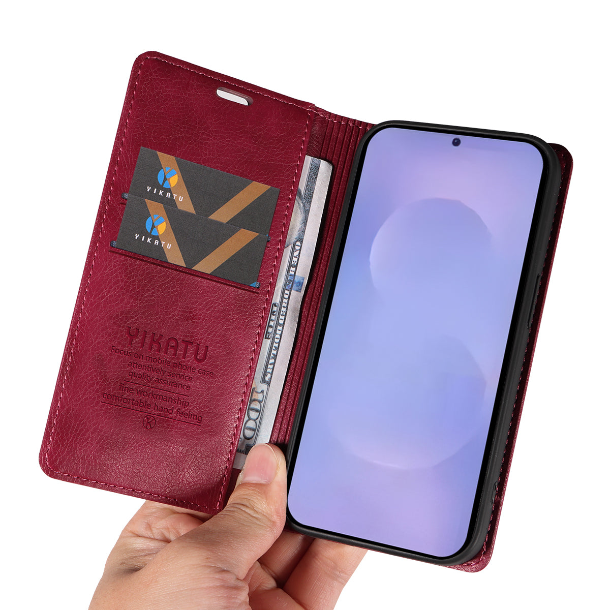For-Samsung-Galaxy-S26-/-S26-Pro-Wallet-Case-YIKATU-YK-006-Magnetic-Closure-Leather-Phone-Cover-Litchi-Texture-Wine-Red