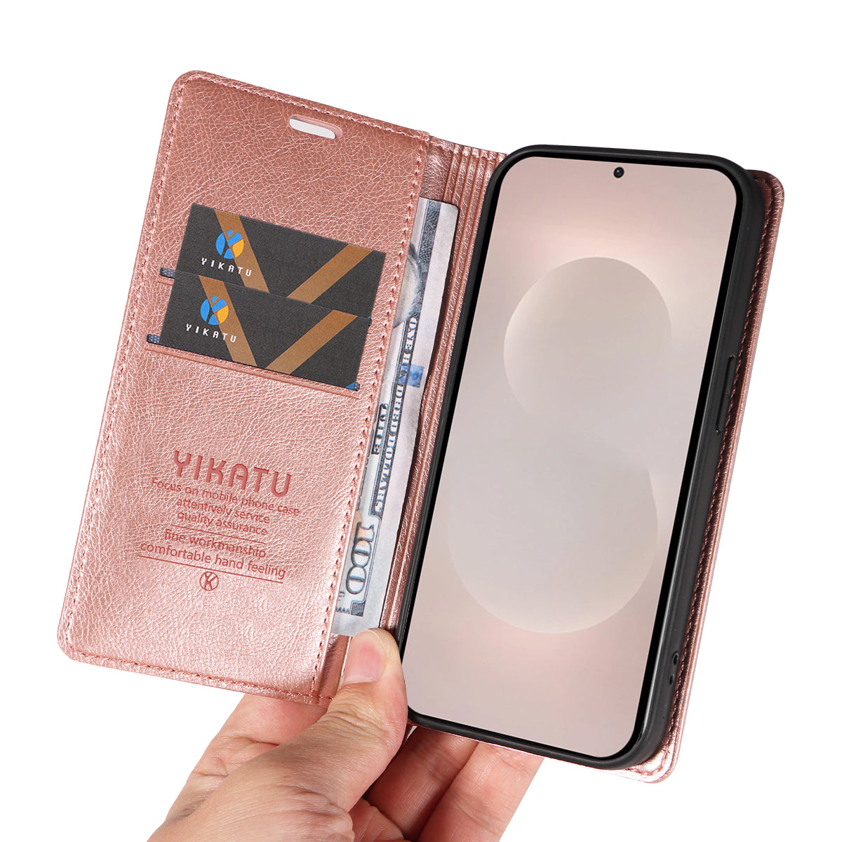 For-Samsung-Galaxy-S26-Edge-Wallet-Case-YIKATU-YK-006-Magnetic-Closure-Leather-Phone-Cover-Litchi-Texture-Rose-Gold