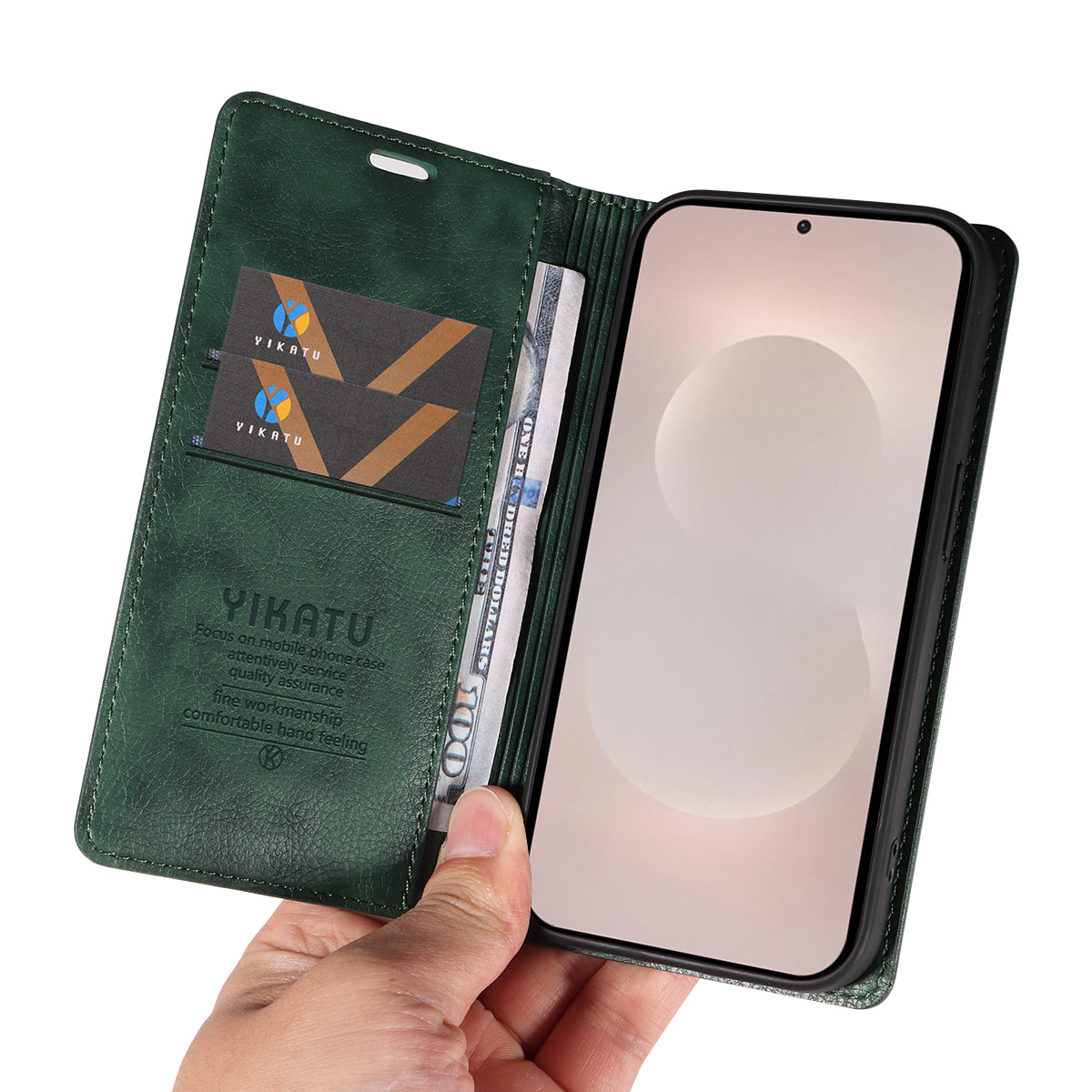 For-Samsung-Galaxy-S26-Edge-Wallet-Case-YIKATU-YK-006-Magnetic-Closure-Leather-Phone-Cover-Litchi-Texture-Green