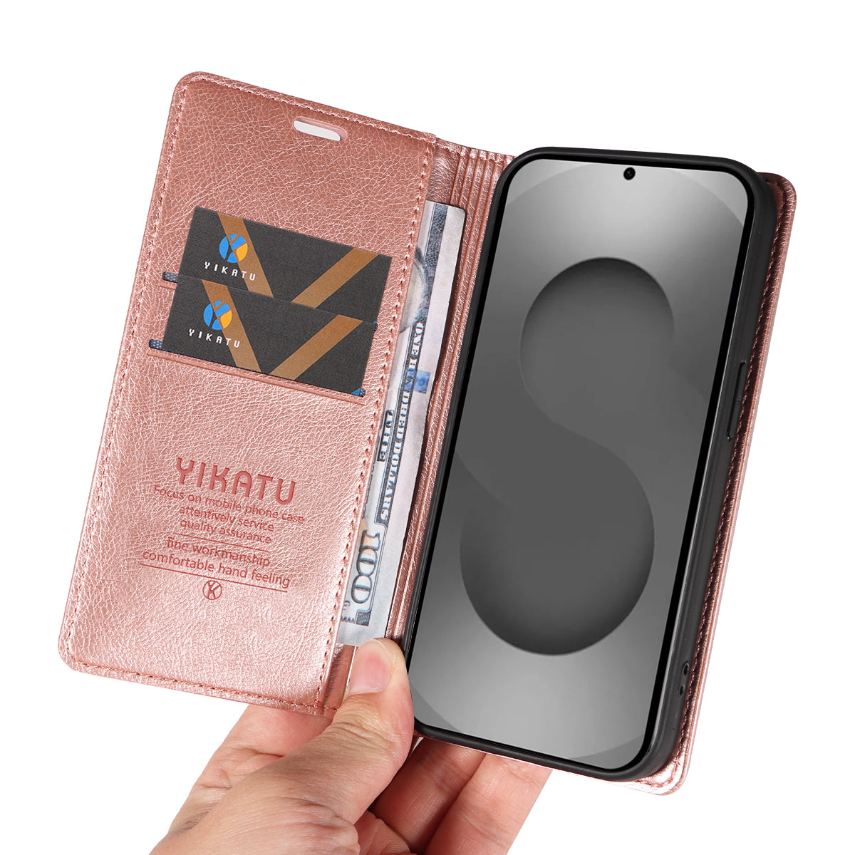 For-Samsung-Galaxy-S26-Ultra-Wallet-Case-YIKATU-YK-006-Magnetic-Closure-Leather-Phone-Cover-Litchi-Texture-Rose-Gold