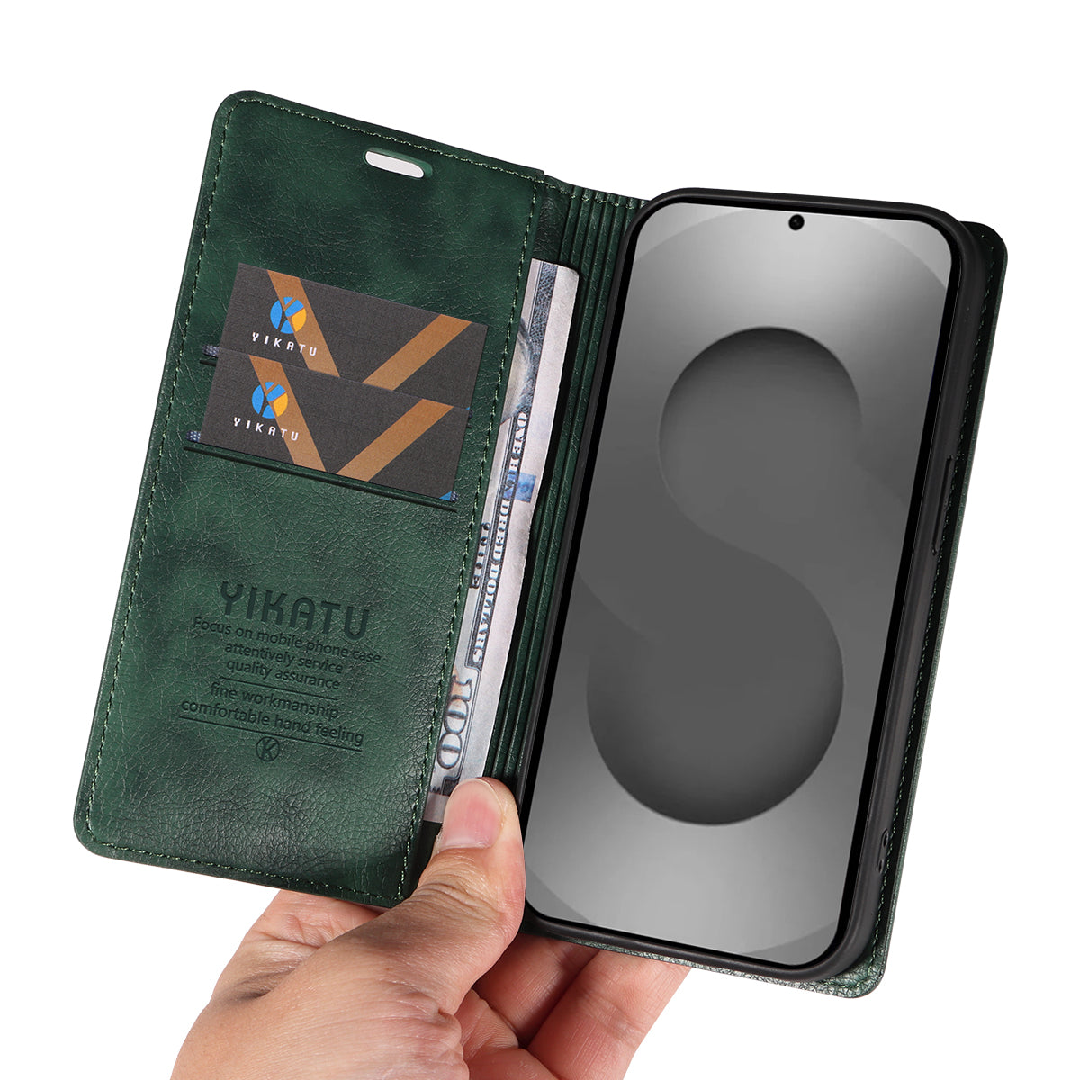 For-Samsung-Galaxy-S26-Ultra-Wallet-Case-YIKATU-YK-006-Magnetic-Closure-Leather-Phone-Cover-Litchi-Texture-Green