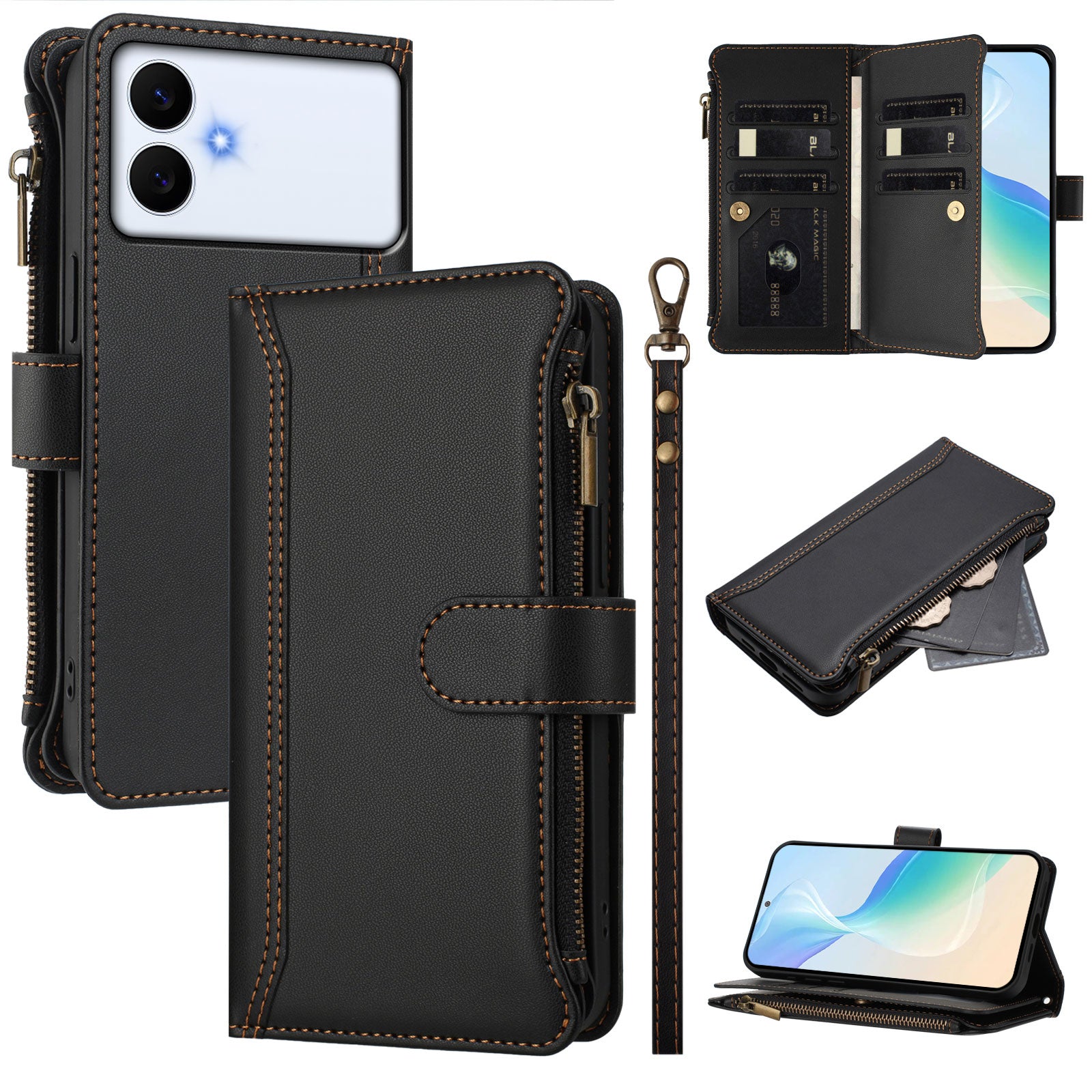 For-Samsung-Galaxy-S26-Edge-Leather-Case-9-Card-Slots-Zipper-Wallet-Stand-Phone-Cover-with-Wrist-Strap-Black